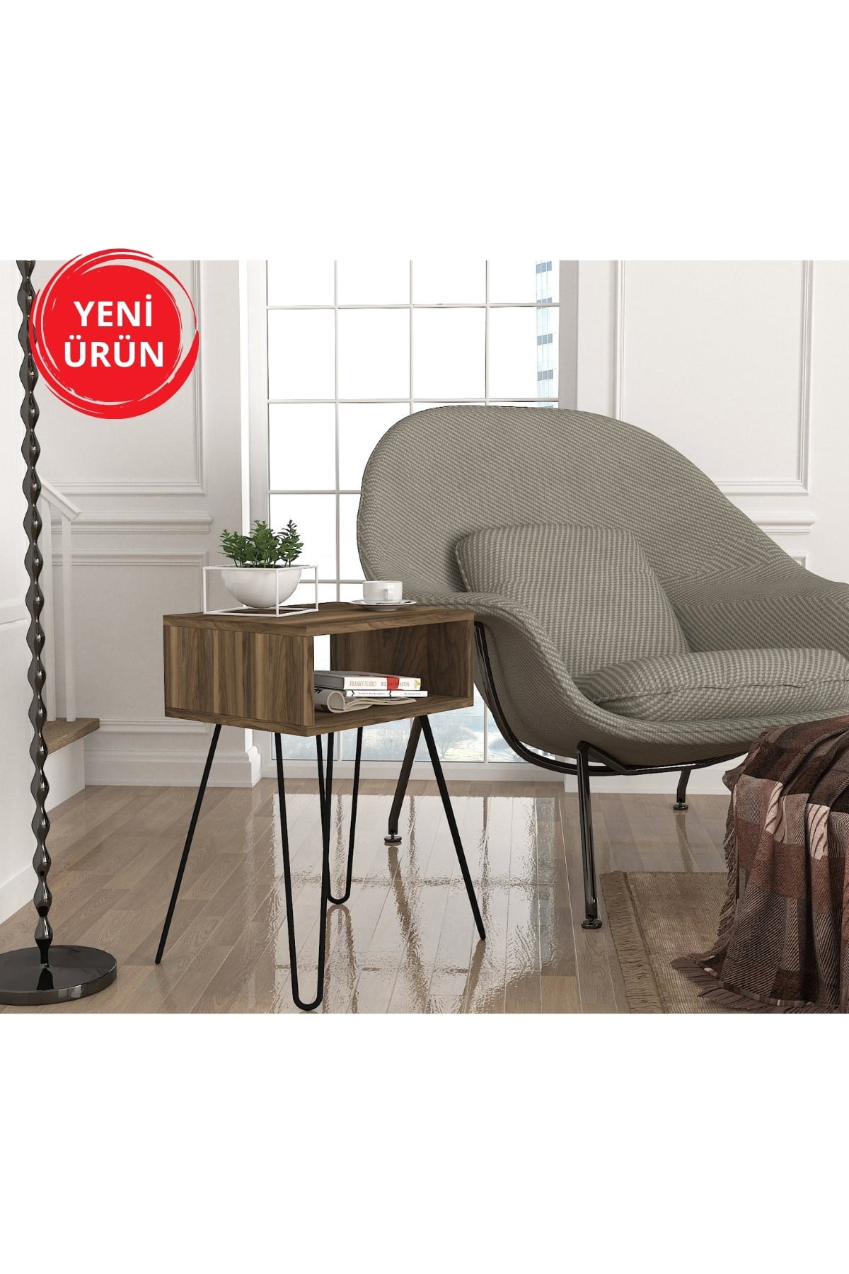 Dekorister Tuana Metal Ayaklı Yan Sehpa Ceviz