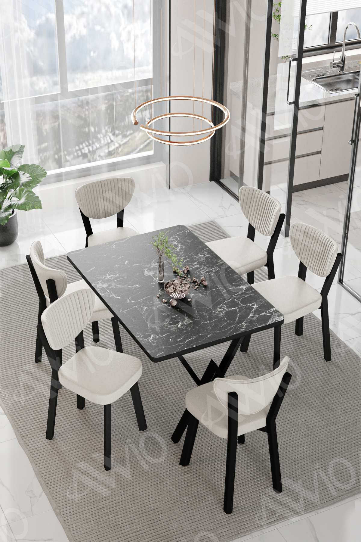 Dora Elma Sandalye 80x140 Yemek Masası Mutfak Masası 6 Kişilik Masa Sandalye Takım Siyah Mermer