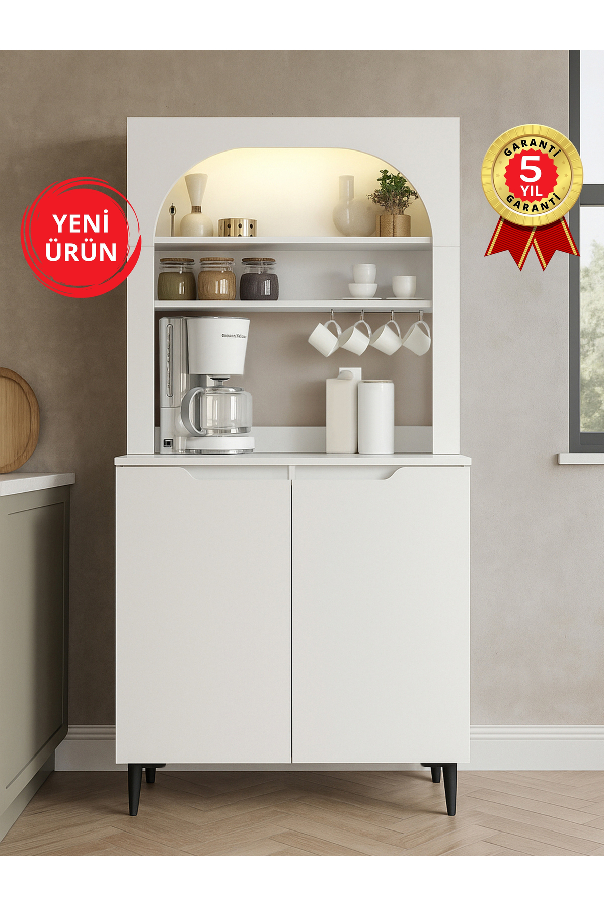 Dorpek 2 Kapaklı LED’li Mutfak Dolabı – Kahve Köşesi Çok Amaçlı Dolap | Melinta