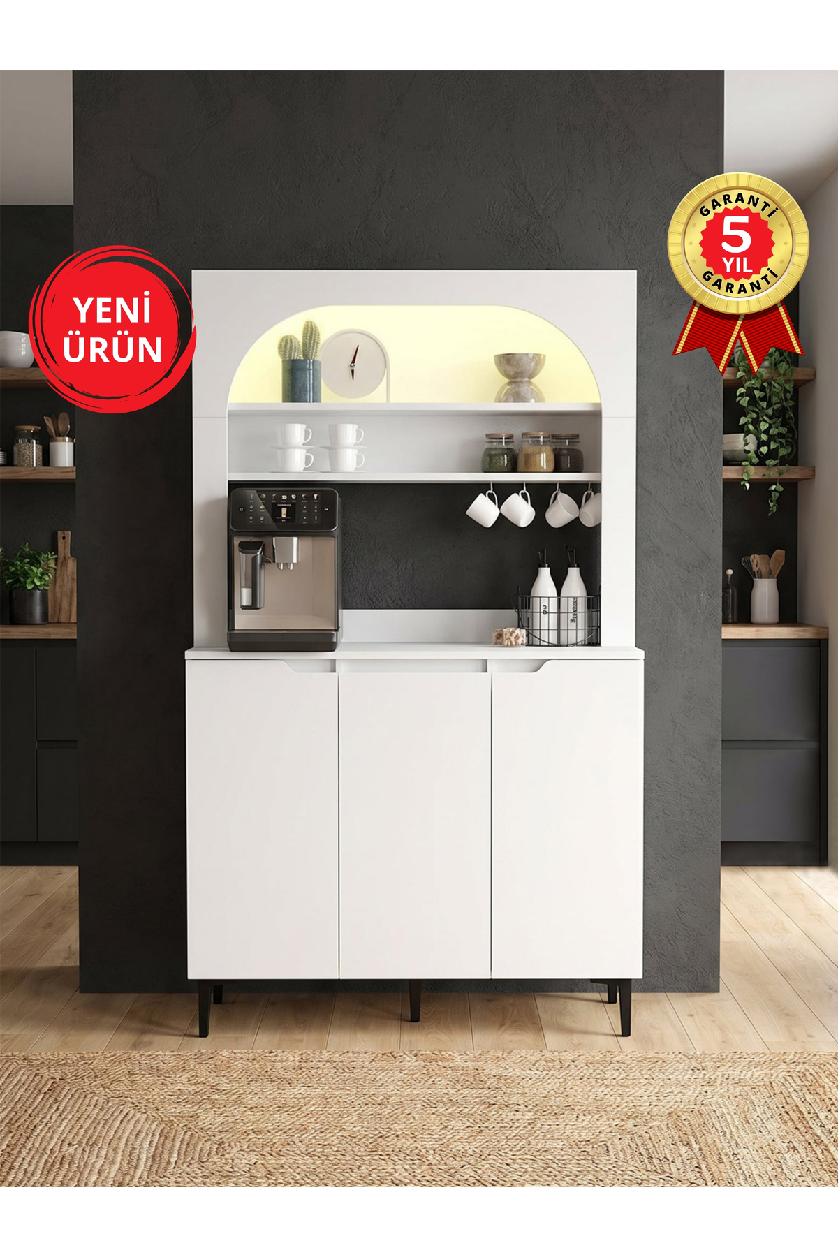 Dorpek 3 Kapaklı LED’li Mutfak Dolabı – Kahve Köşesi Çok Amaçlı Dolap | Melinta