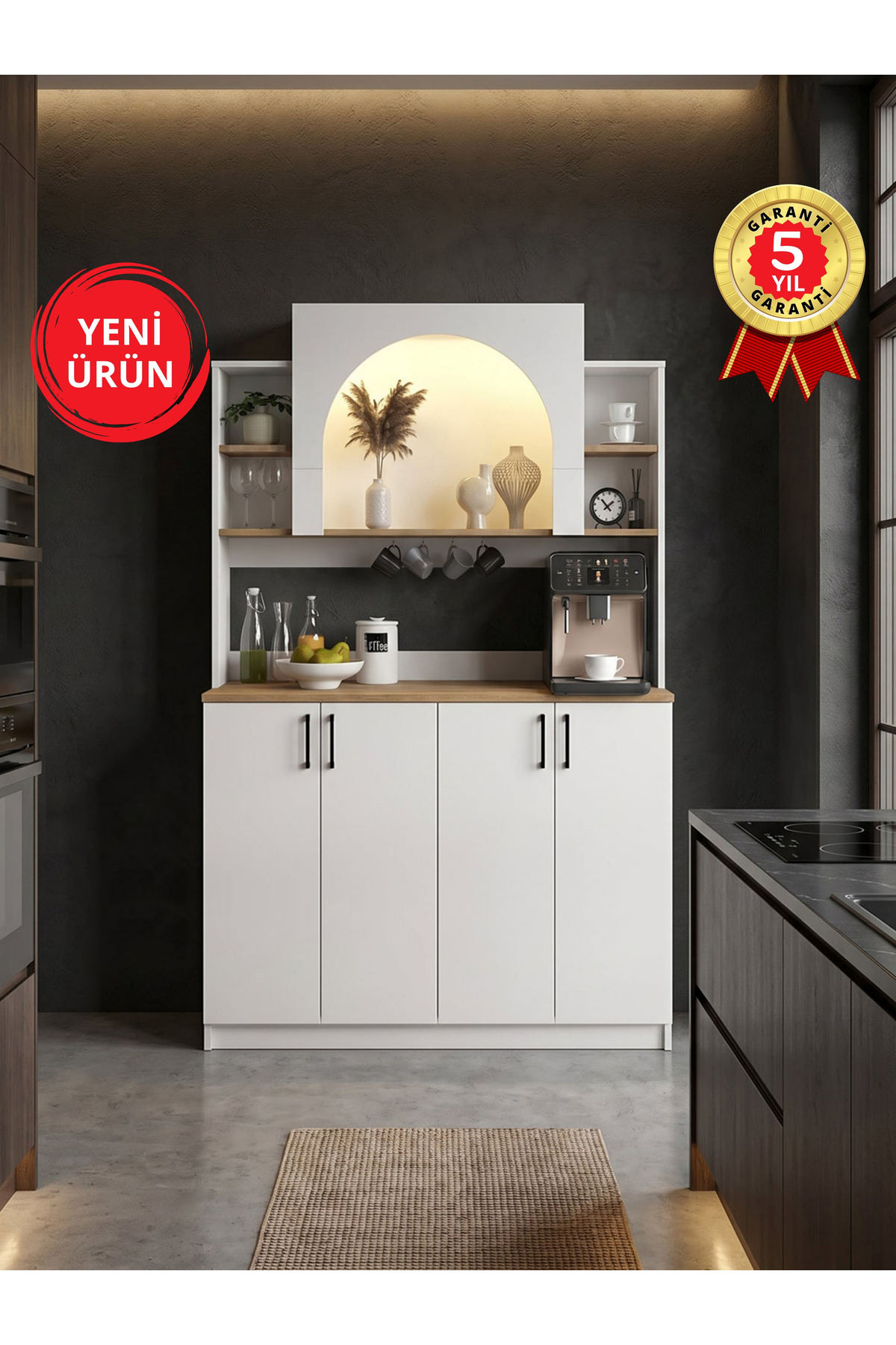Dorpek 4 Kapaklı LED’li Mutfak Dolabı – Kahve Köşesi Çok Amaçlı Dolap Beyaz 120 cm | Afrodis
