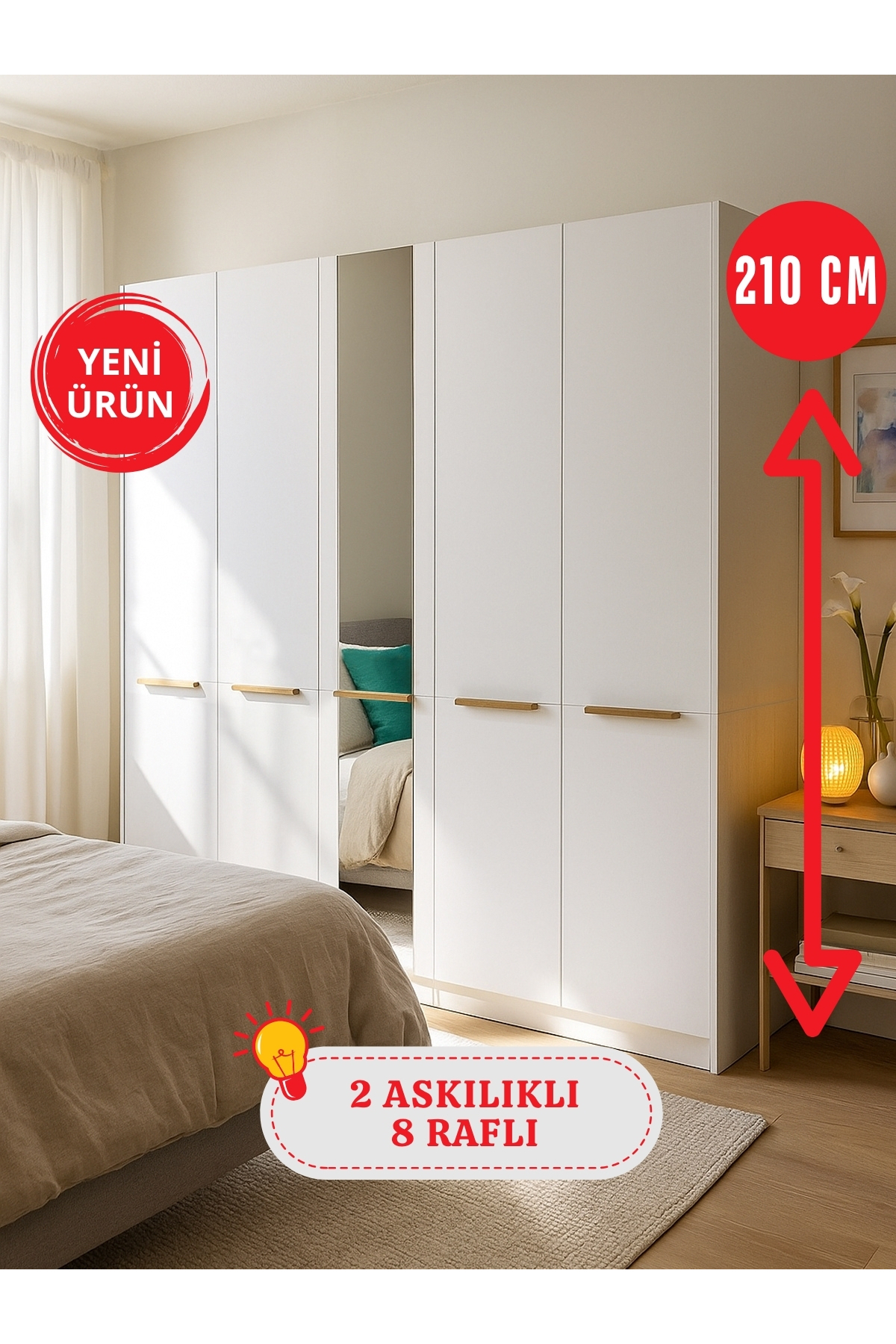Dorpek 5 Kapaklı Aynalı Gardırop 206 cm – Geniş İç Hacimli, Modern Beyaz Dolap | Cosmos
