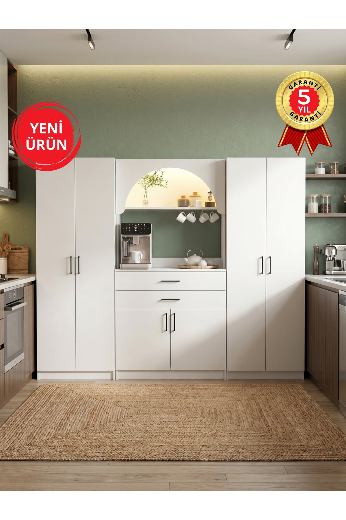 Dorpek 6 Kapaklı 2 Çekmeceli Led Işıklı Kahve Köşesi, 13 Raflı Çok Amaçlı Dolap ve Kiler Dolabı Beyaz 217 cm | Sardes & 2*Tuco
