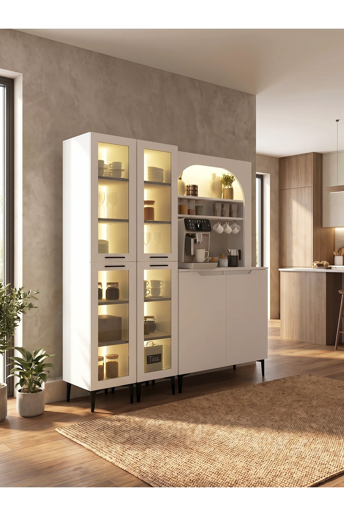 Dorpek 6 Kapaklı Led Işıklı Kahve Köşesi, 18 Raflı Çok Amaçlı Dolap, Temperli Cam Kapaklı Mutfak Kiler Dolabı Beyaz 160 cm | Melinta2KPK & 2*Hiera