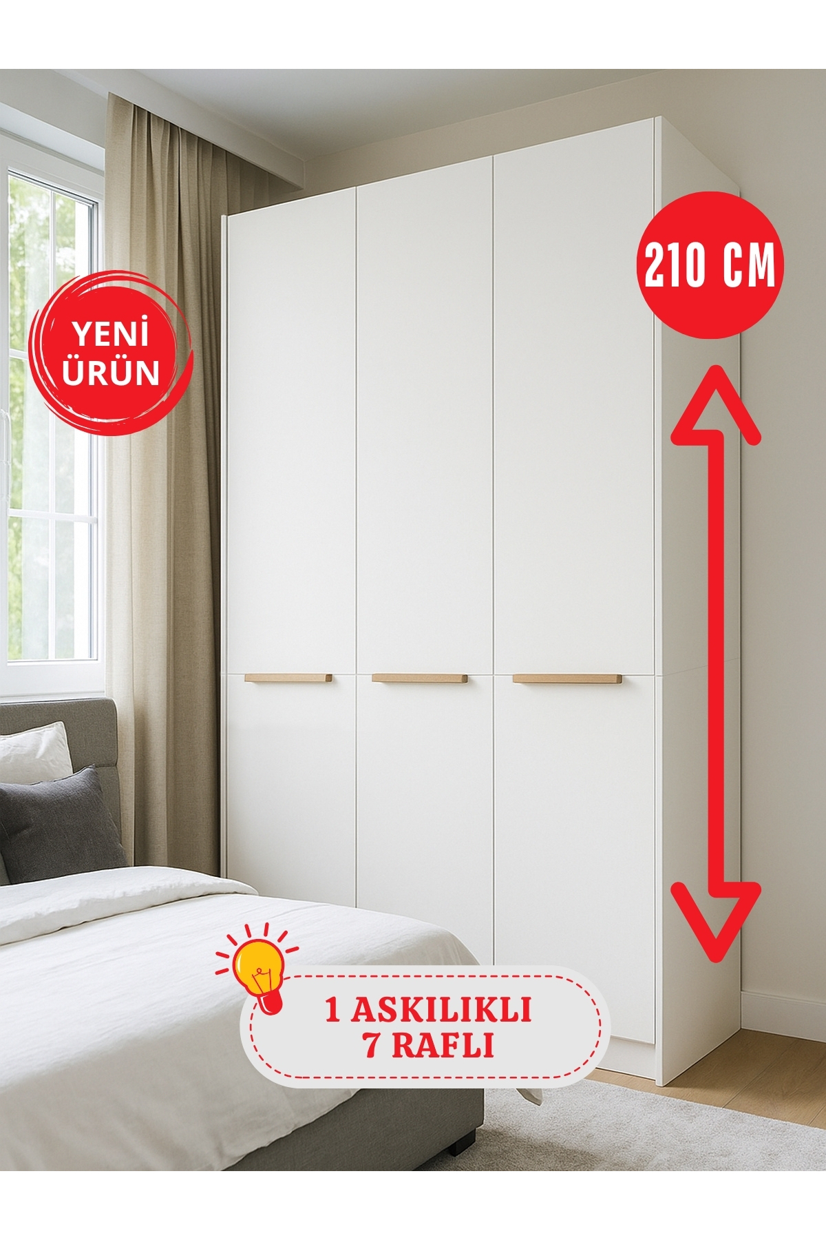 Dorpek 6 Raflı 3 Kapaklı Gardırop - 210 cm Y, 125 cm G - Genç Odası ve Yatak Odası Gardırop | Cosmos