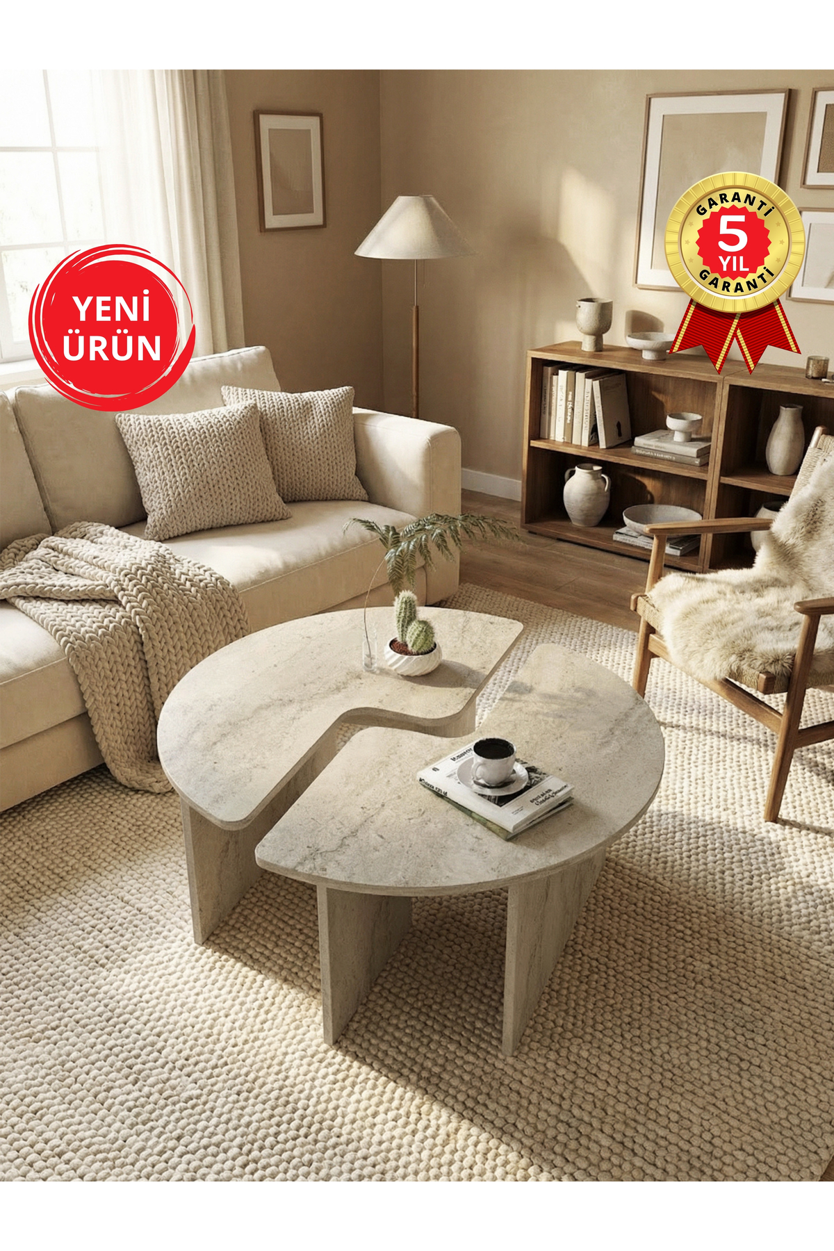 Dorpek Ayarlanabilir Modüler İkili Orta Sehpa, Salon Orta Sehpa, Modern Tasarım Traverten | Dorena