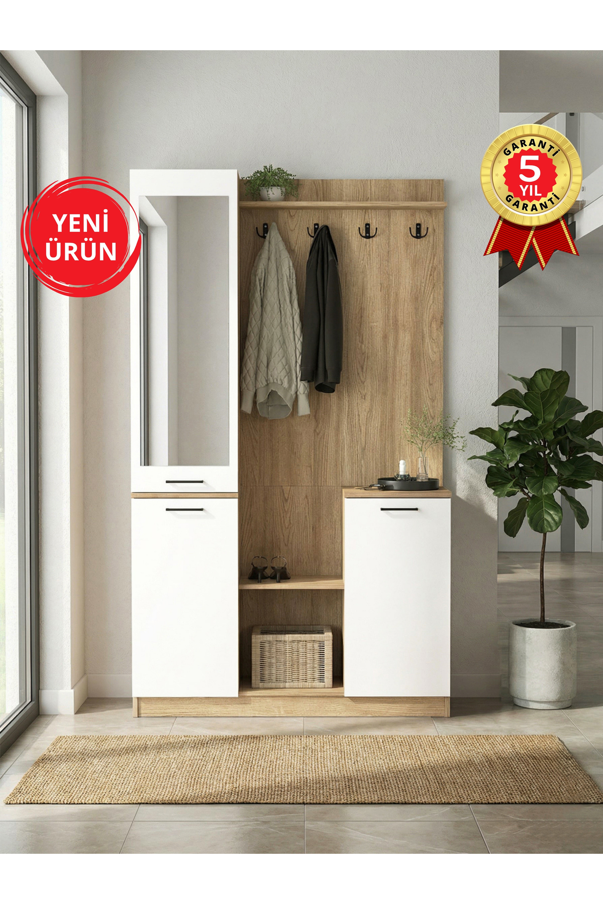 Dorpek Aynalı Portmanto, Vestiyer Portmanto Ayakkabılık 120 cm Sepet - Beyaz | Rodos