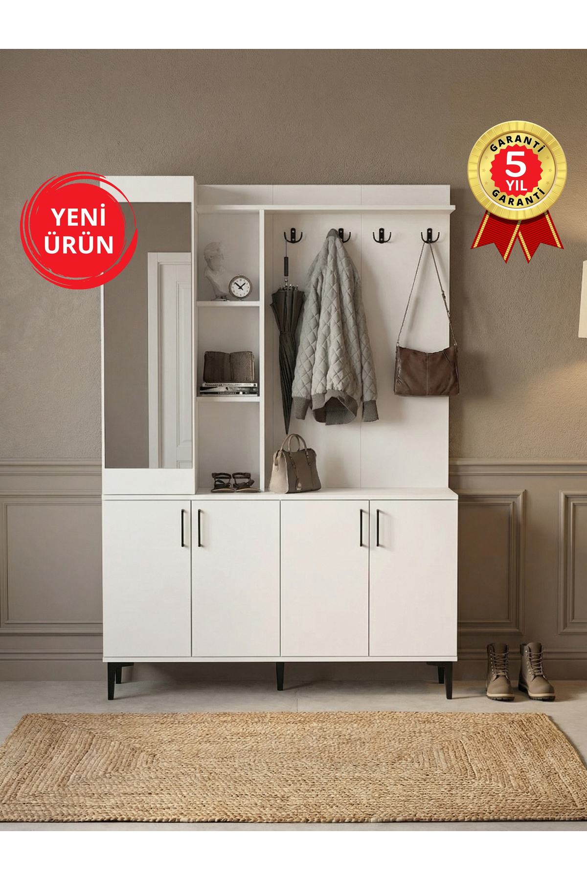 Dorpek Aynalı Portmanto, Vestiyer Portmanto Ayakkabılık 135 cm Beyaz | Parion