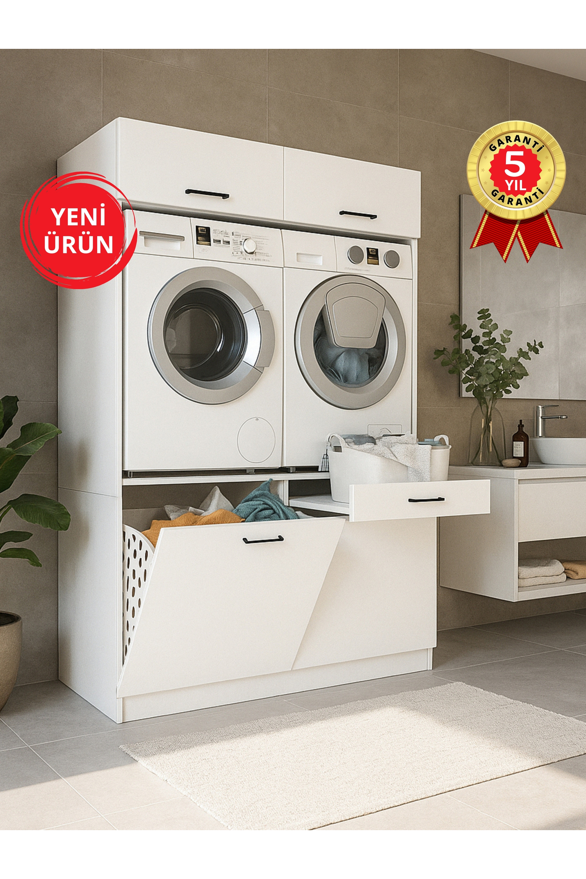 Dorpek Çamaşır Kurutma Makinesi Dolabı, Banyo Dolabı Çamaşır Makinesi Kirli Sepeti Beyaz | Lipa