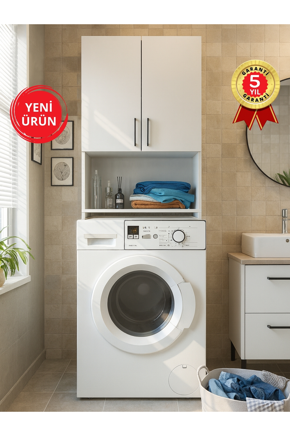 Dorpek Çamaşır Makinesi Dolabı – Banyo Dolabı Çamaşır Odası Uyumlu Dolap, Çok Amaçlı Dolap Beyaz | Brillon