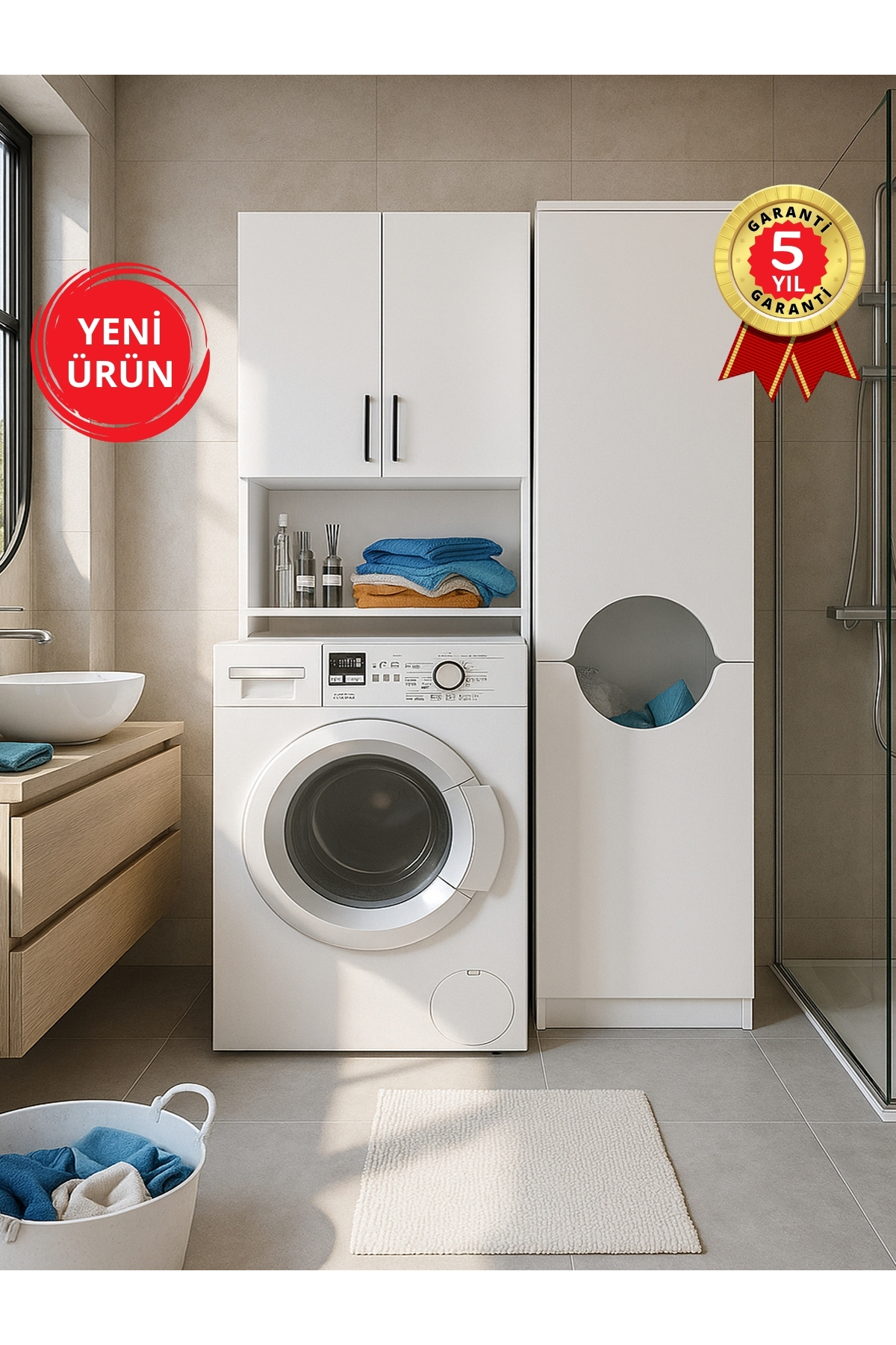 Dorpek Çamaşır Makinesi Dolabı ve Kirli Sepetli Çok Amaçlı Dolap Beyaz | Brillon & Verga