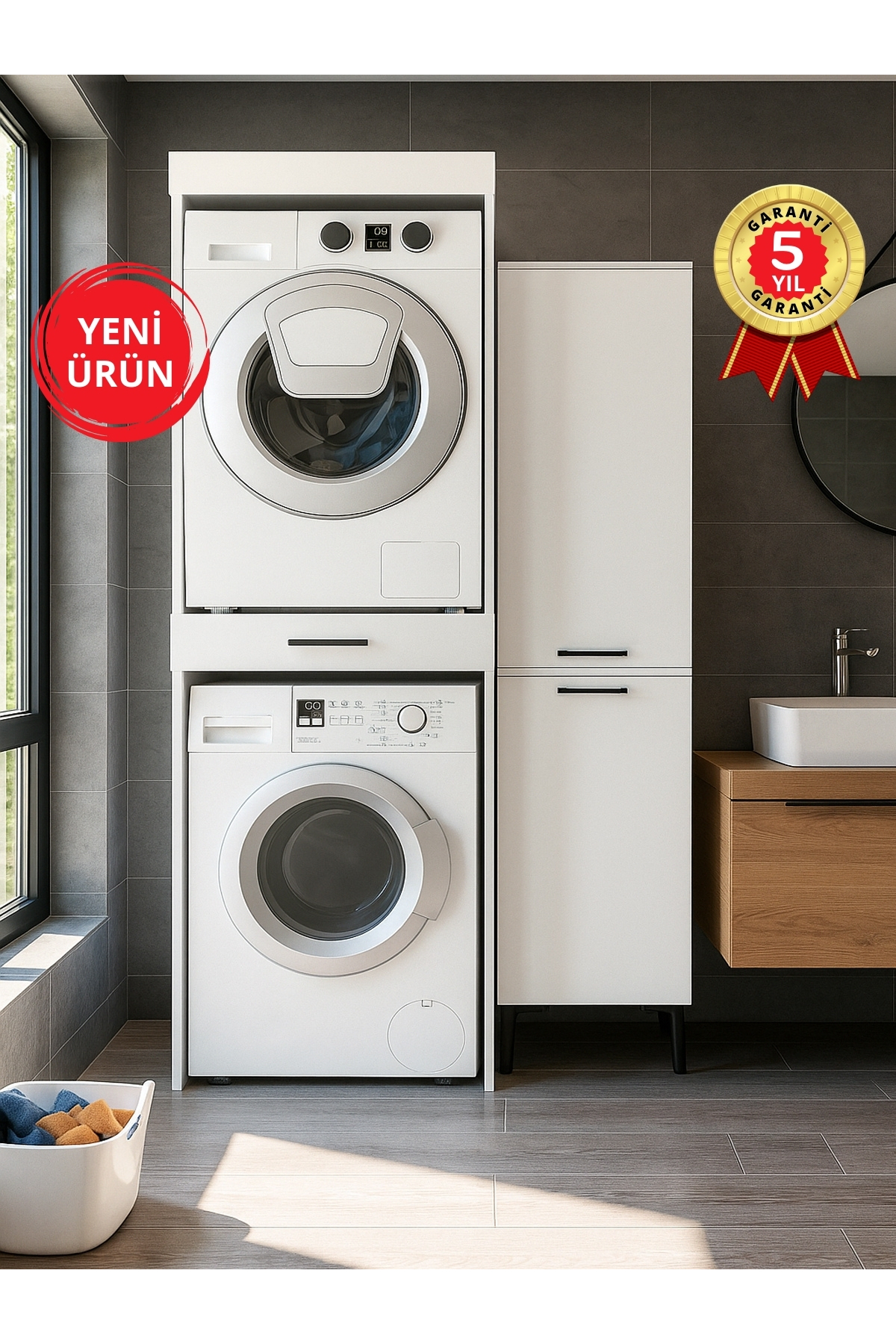 Dorpek Çamaşır ve Kurutma Makinesi Dolabı, 2 Kapaklı Çok Amaçlı Dolap Beyaz | Fika & Singa