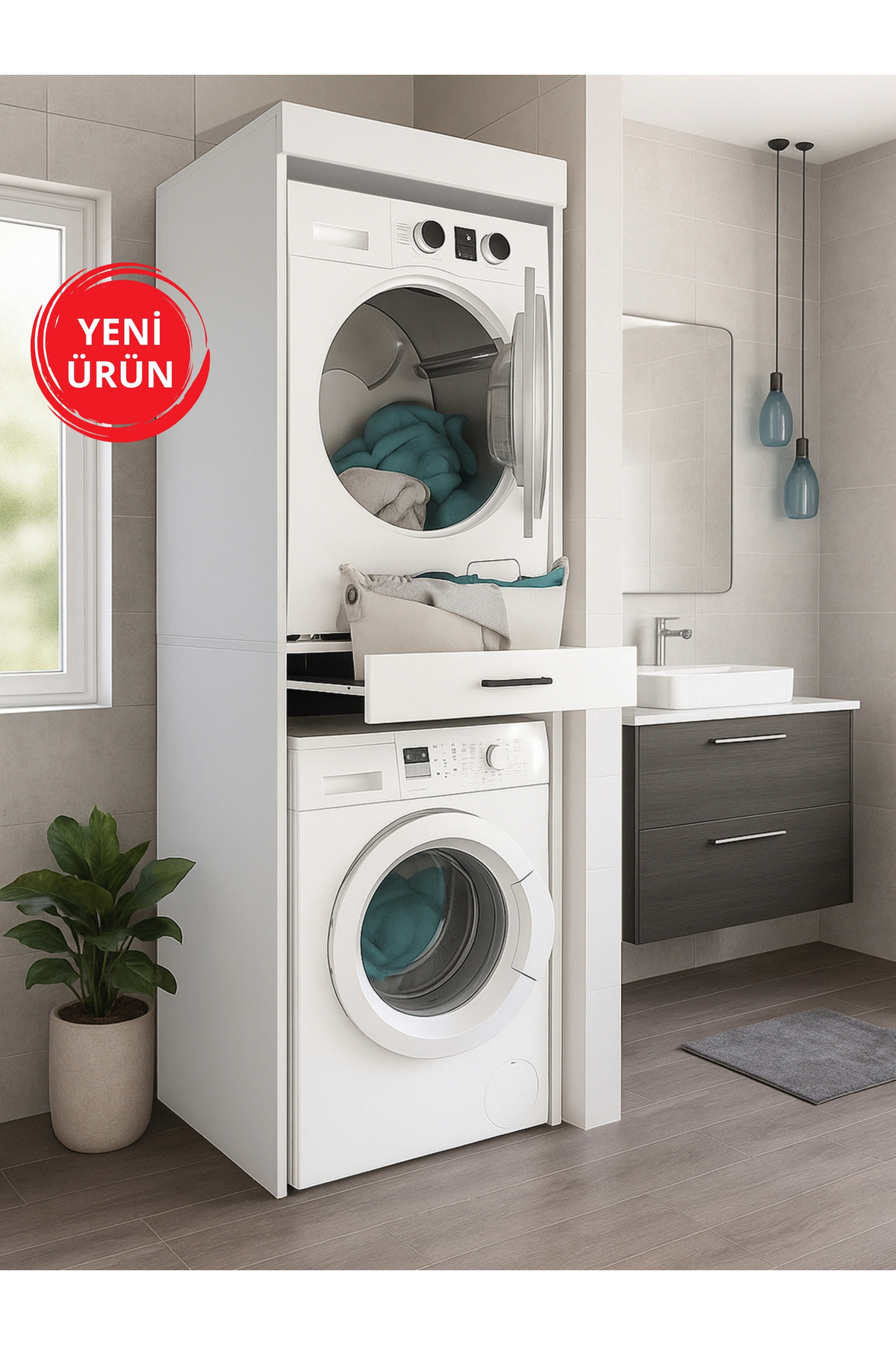 Dorpek Çamaşır ve Kurutma Makinesi Dolabı – Beyaz - Çok Amaçlı Dolap - Banyo Dolabı | Fika