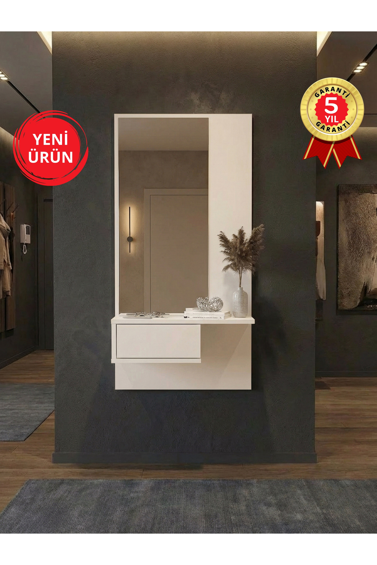Dorpek Duvara Monte Kapaklı Aynalı Dresuar, Antre Hol Dekoratif Dresuar Mobilya Beyaz 120 cm | Molly