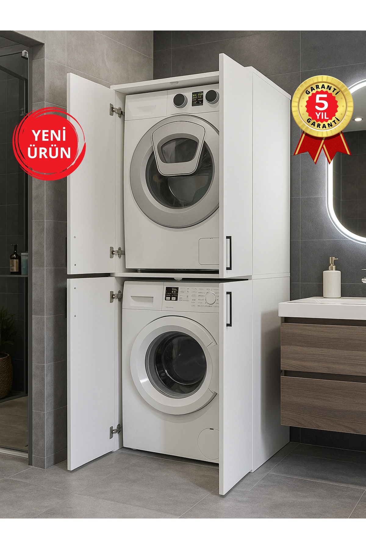 Dorpek Kapaklı Çamaşır ve Kurutma Makinesi Dolabı, Çok Amaçlı Dolap, Beyaz Banyo Dolabı | Tani