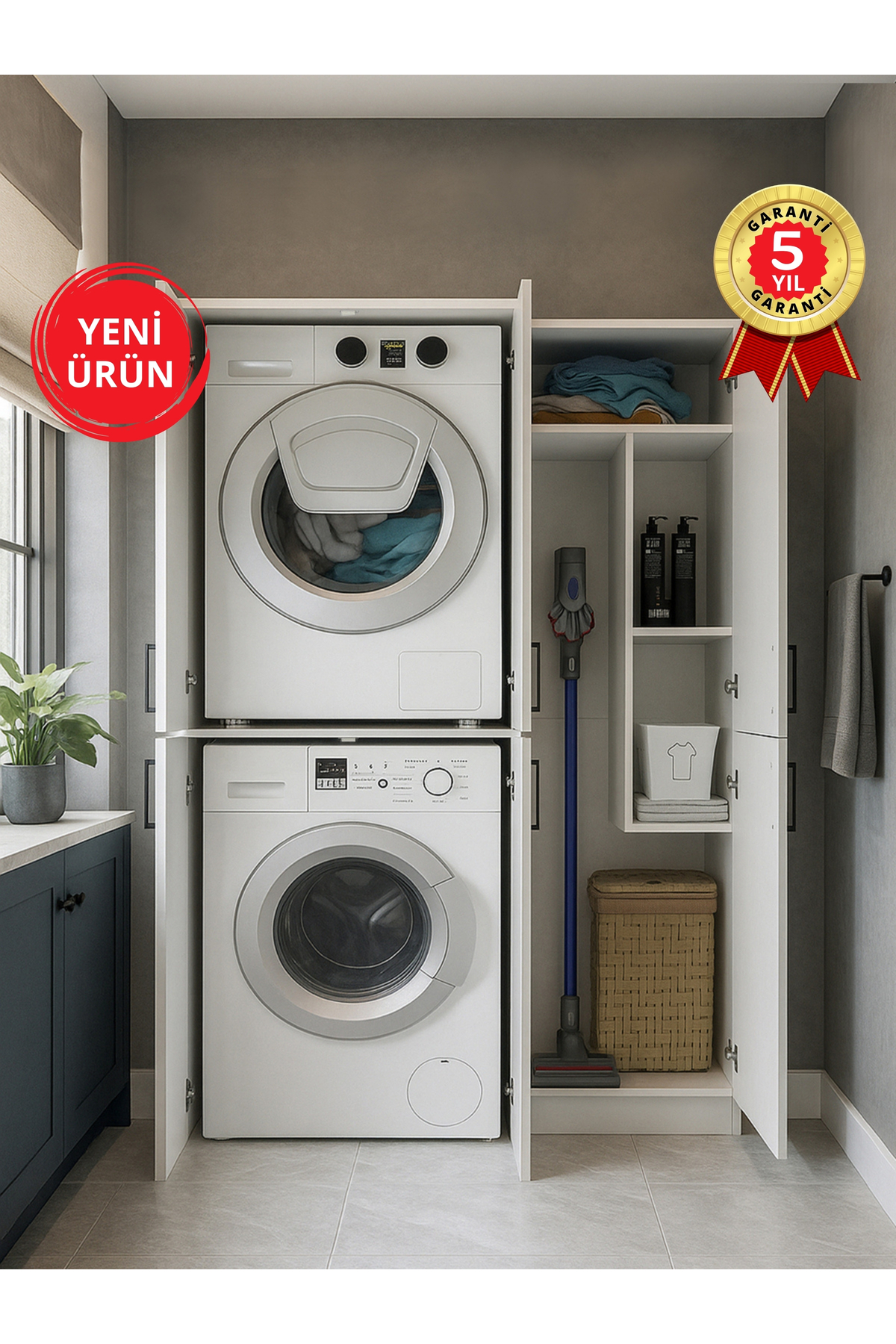 Dorpek Kapaklı Çamaşır ve Kurutma Makinesi Dolabı, Banyo Dolabı ve Ütü Masası Dolabı Beyaz | Tani & Rovi