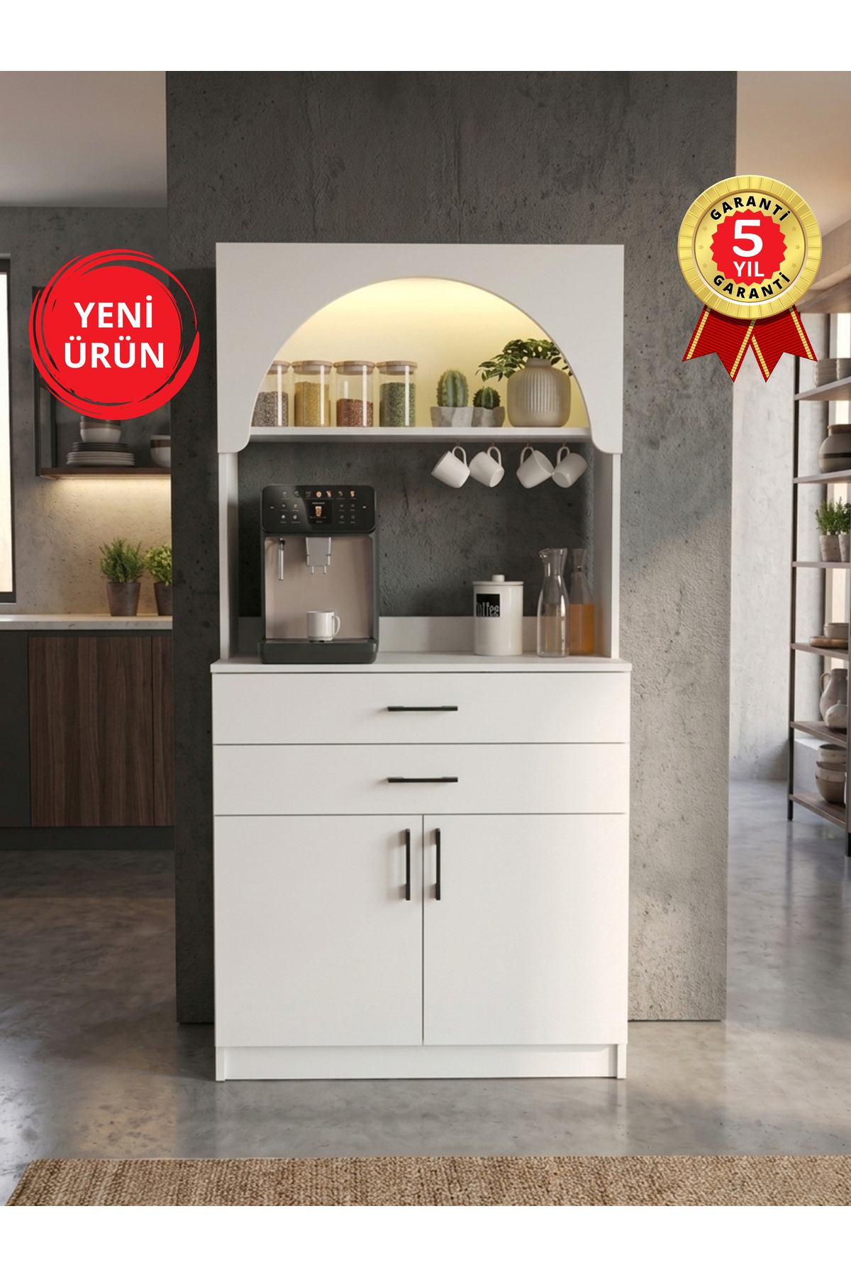 Dorpek Kapaklı Çekmeceli LED’li Mutfak Dolabı – Kahve Köşesi Çok Amaçlı Dolap Beyaz 90 cm | Sardes
