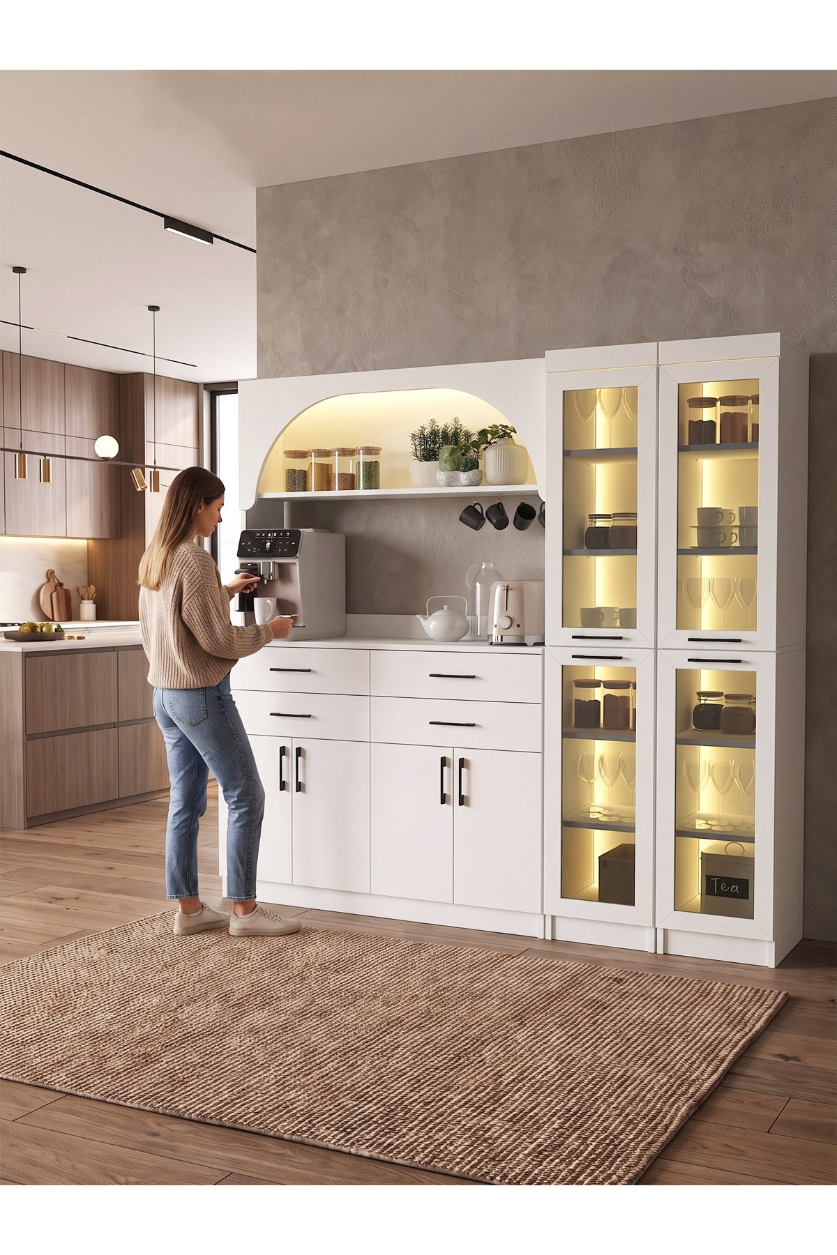 Dorpek Led Işıklı Temperli Cam Kapaklı Kahve Köşesi – 4 Çekmeceli 8 Kapaklı Çok Amaçlı Mutfak ve Kiler Dolabı Beyaz 190 cm | Sardes120 & 2*Didima