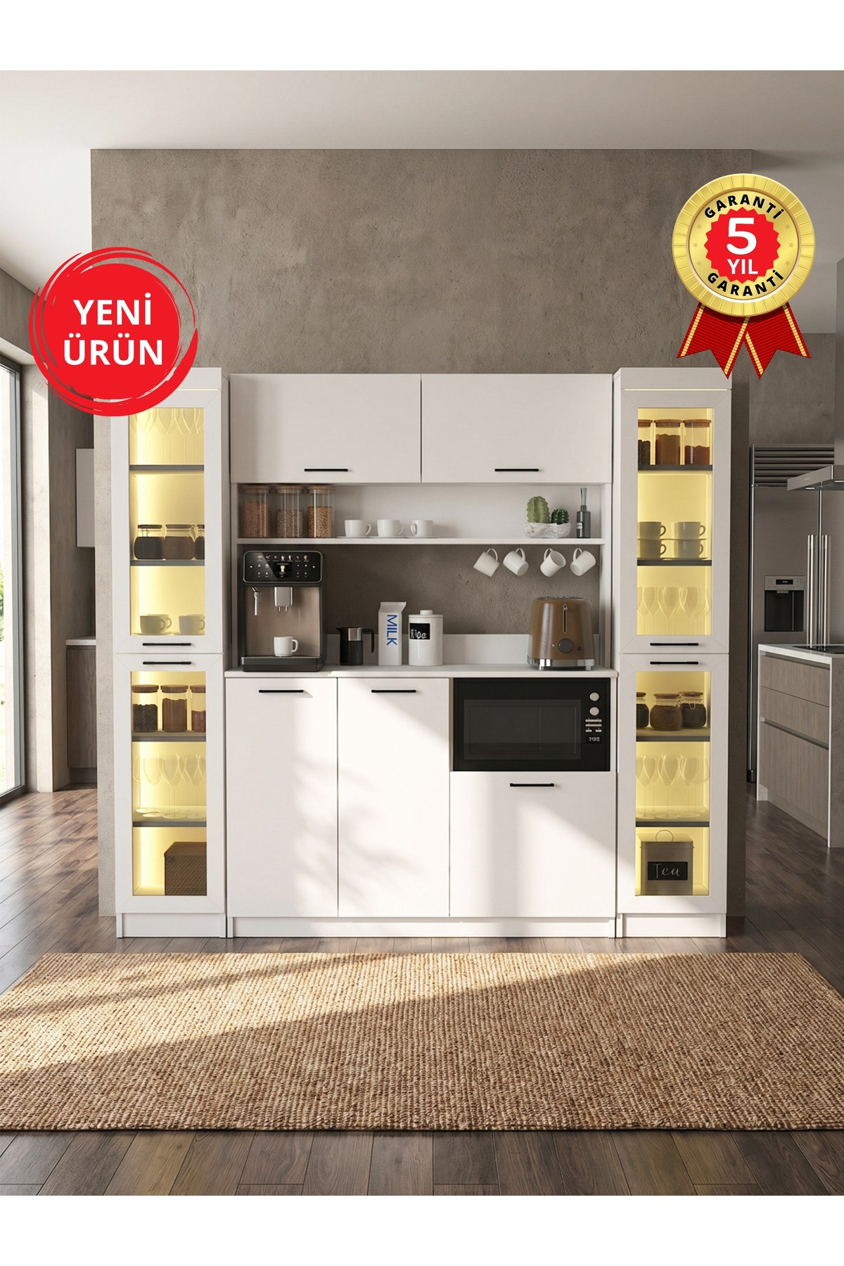 Dorpek Led Işıklı Temperli Cam Kapaklı Kahve Köşesi, 9 Kapaklı Çok Amaçlı Dolap ve Mutfak Kiler Dolabı 195 cm | Tuco3KPK & 2*Didima