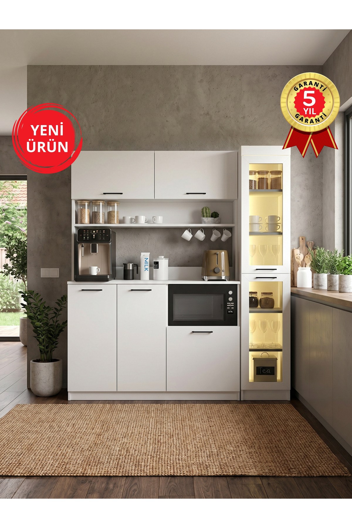 Dorpek Led Işıklı Temperli Cam Kapaklı Kahve Köşesi, 7 Kapaklı Çok Amaçlı Dolap ve Mutfak Kiler Dolabı 160 cm | Tuco3KPK & Didima