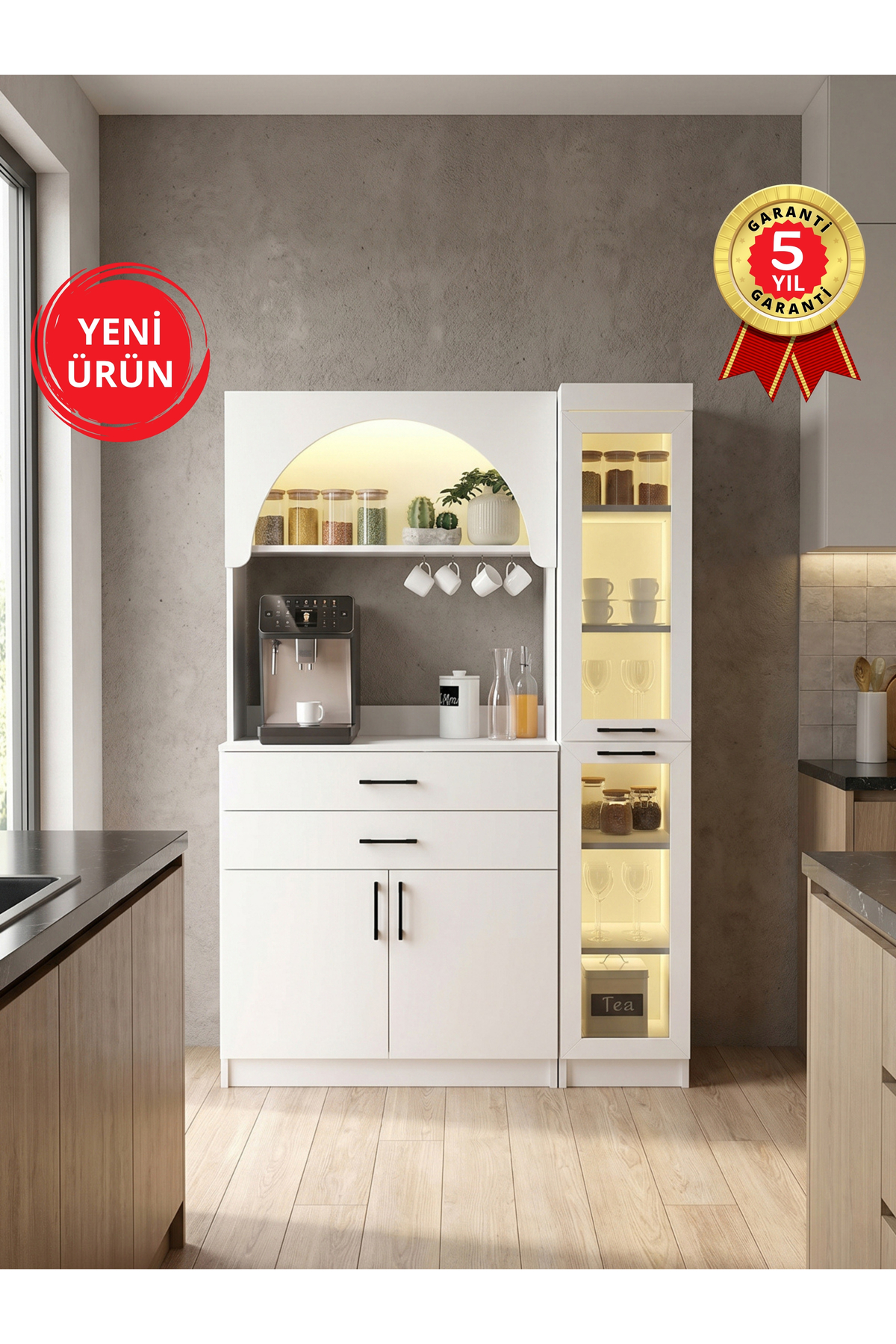 Dorpek Led Işıklı Temperli Cam Kapaklı Kahve Köşesi – Çekmeceli Çok Amaçlı Mutfak ve Kiler Dolabı Beyaz | Sardes & Didima