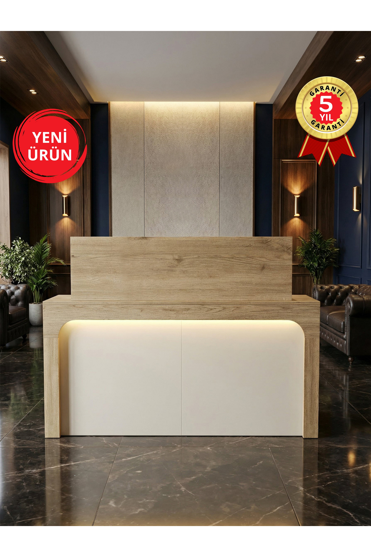 Dorpek LED'li Karşılama Bankosu 150 cm Ofis Kasa Resepsiyon Masası, Çekmeceli Banko Sepet - Kumtaşı | Apollon
