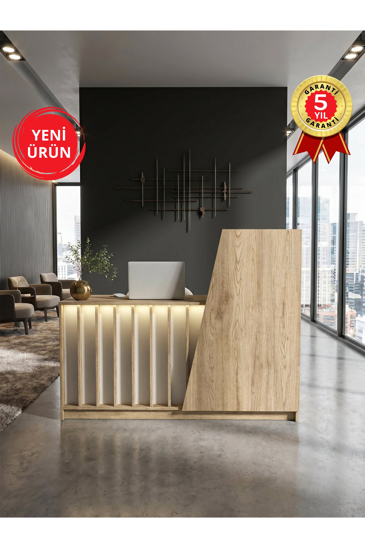 Dorpek Ledli Karşılama Bankosu & Kasa Bankosu, Çekmeceli Masa, Sepet-Kumtaşı 150 cm | Hattusa