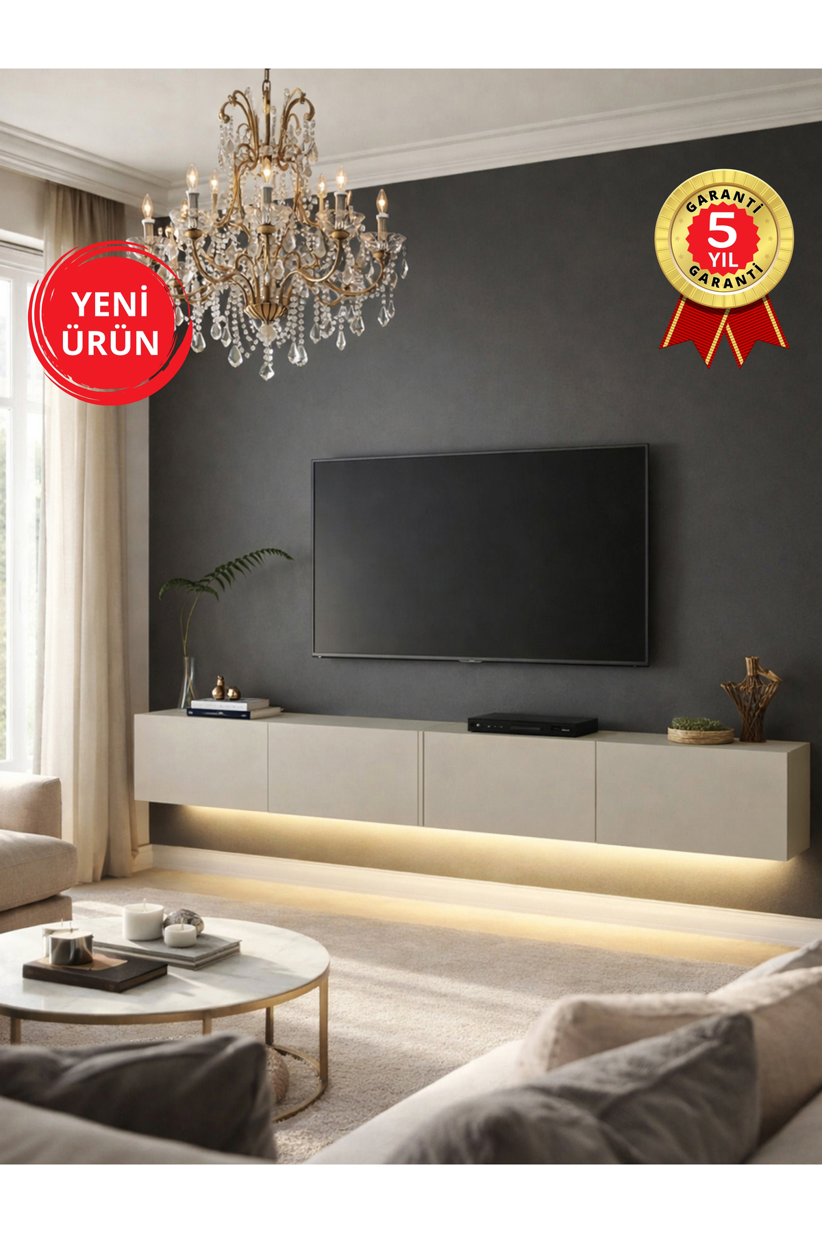 Dorpek LED'li Tv Sehpa & Ünitesi, Duvara Monte Tv Ünitesi Kumtaşı 240 cm | Homeros