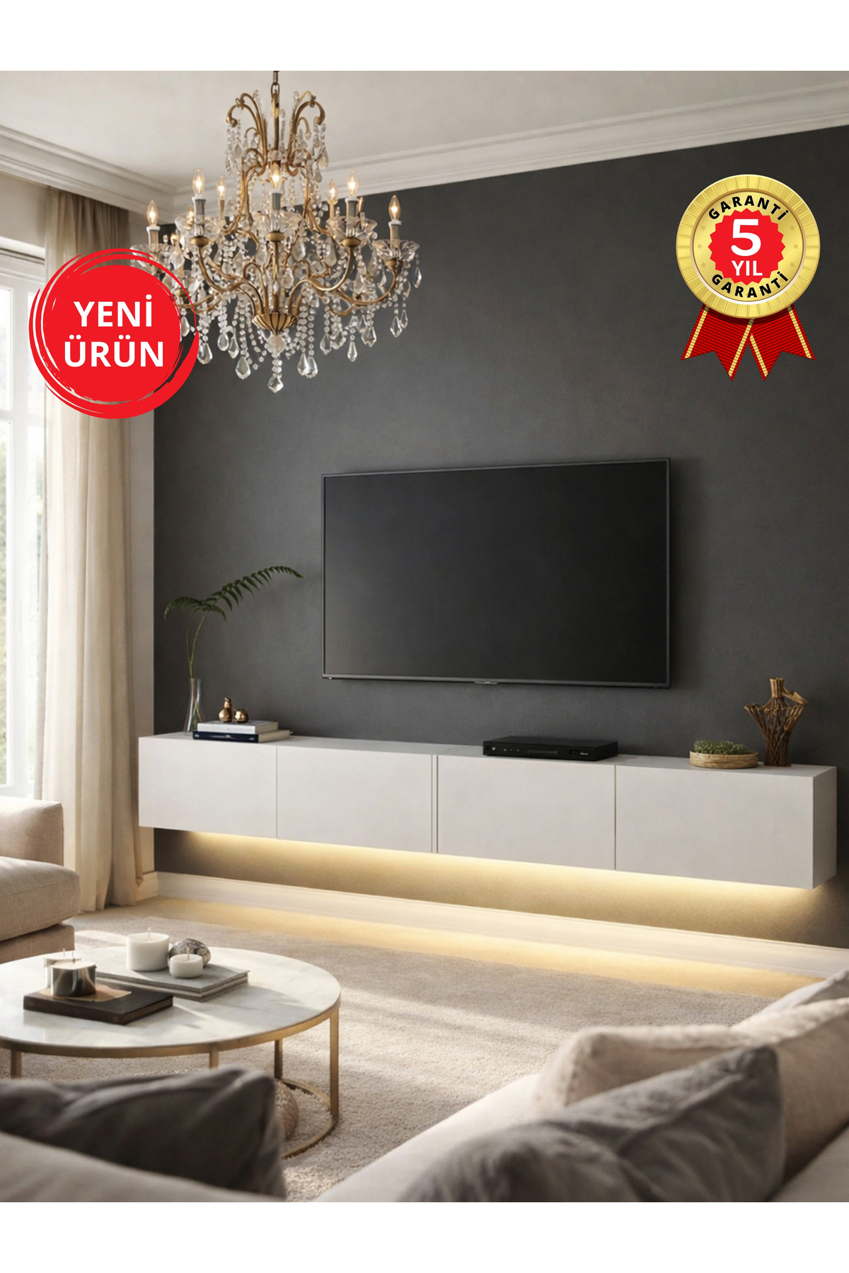 Dorpek LED'li Tv Sehpa & Ünitesi, Duvara Monte Tv Ünitesi Beyaz 240 cm | Homeros