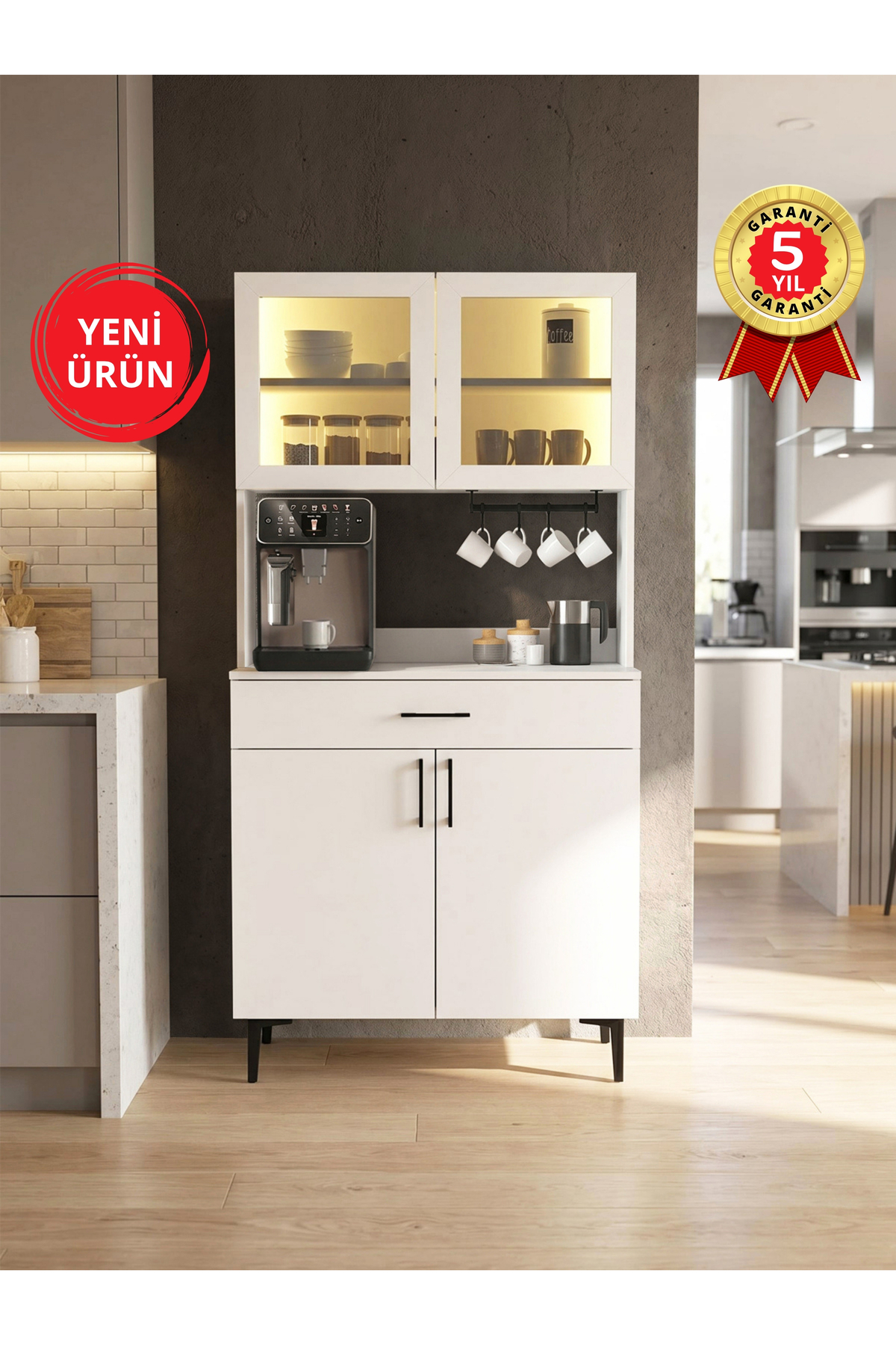 Dorpek Prien Kapaklı & Çekmeceli Kahve Köşesi, LED’li Mutfak Dolabı & Çok Amaçlı Dolap Beyaz 90 cm