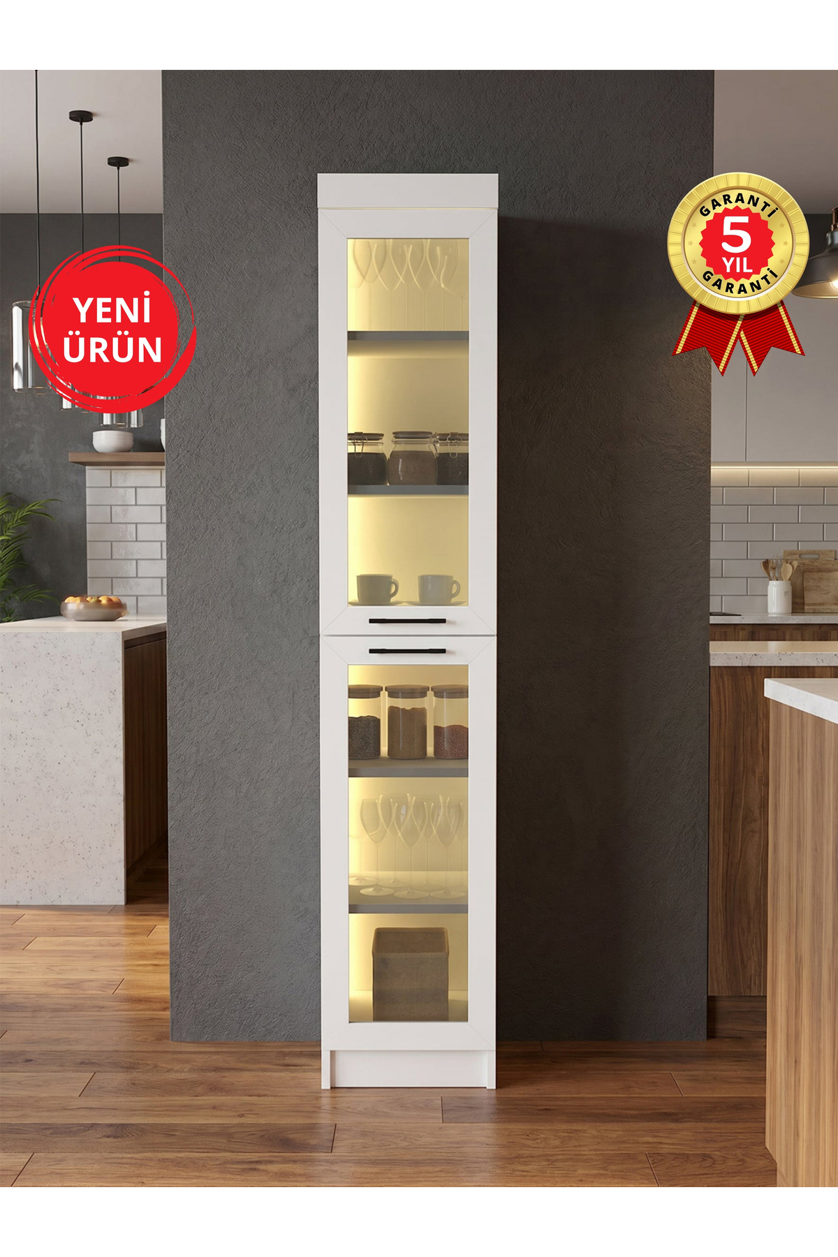 Dorpek Temperli Cam Kapaklı Led Işıklı Kahve Köşesi, Kiler Dolabı Çok Amaçlı Dolap Beyaz | Didima