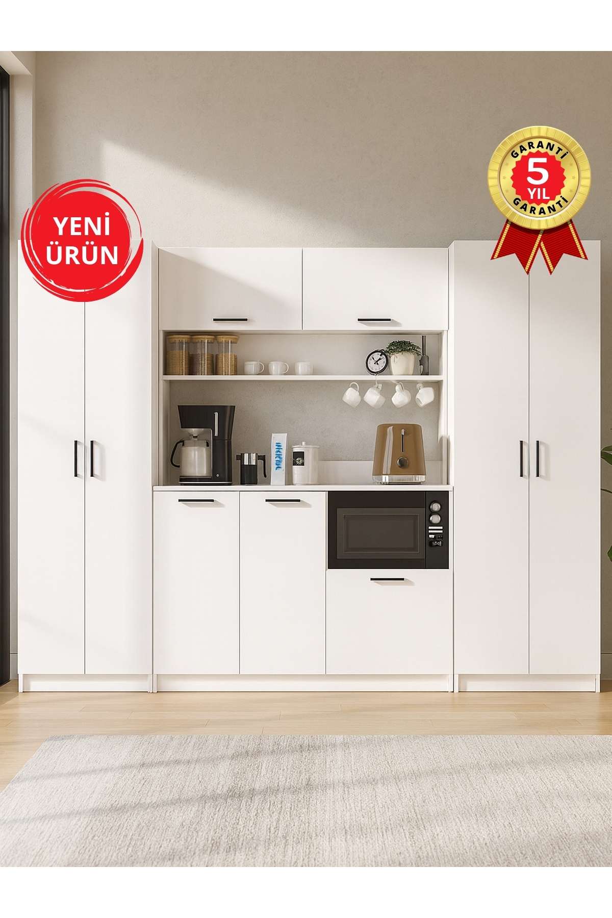 Dorpek Tuco 3 Kapakli Mutfak Dolabı & Tuco 2*2 Kapaklı 2*5 Rafli Çok Amaçlı Dolap Kahve Köşesi Beyaz