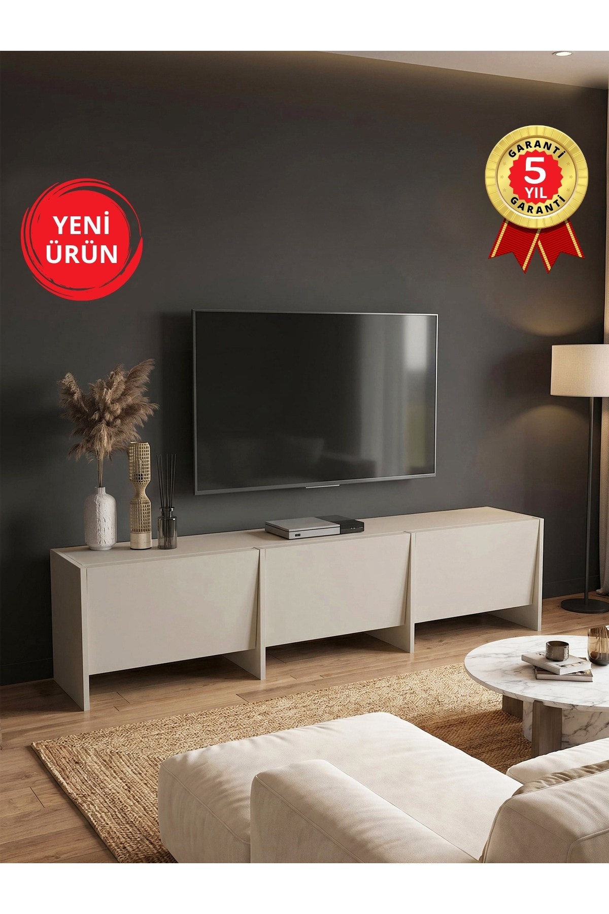 Dorpek Tv Sehpası 186 cm 3 Kapaklı Tv Sehpası, 3 Kapaklı Tv Ünitesi, Televizyon Sehpası 186 cm Kumtaşı-Traverten | Hitit