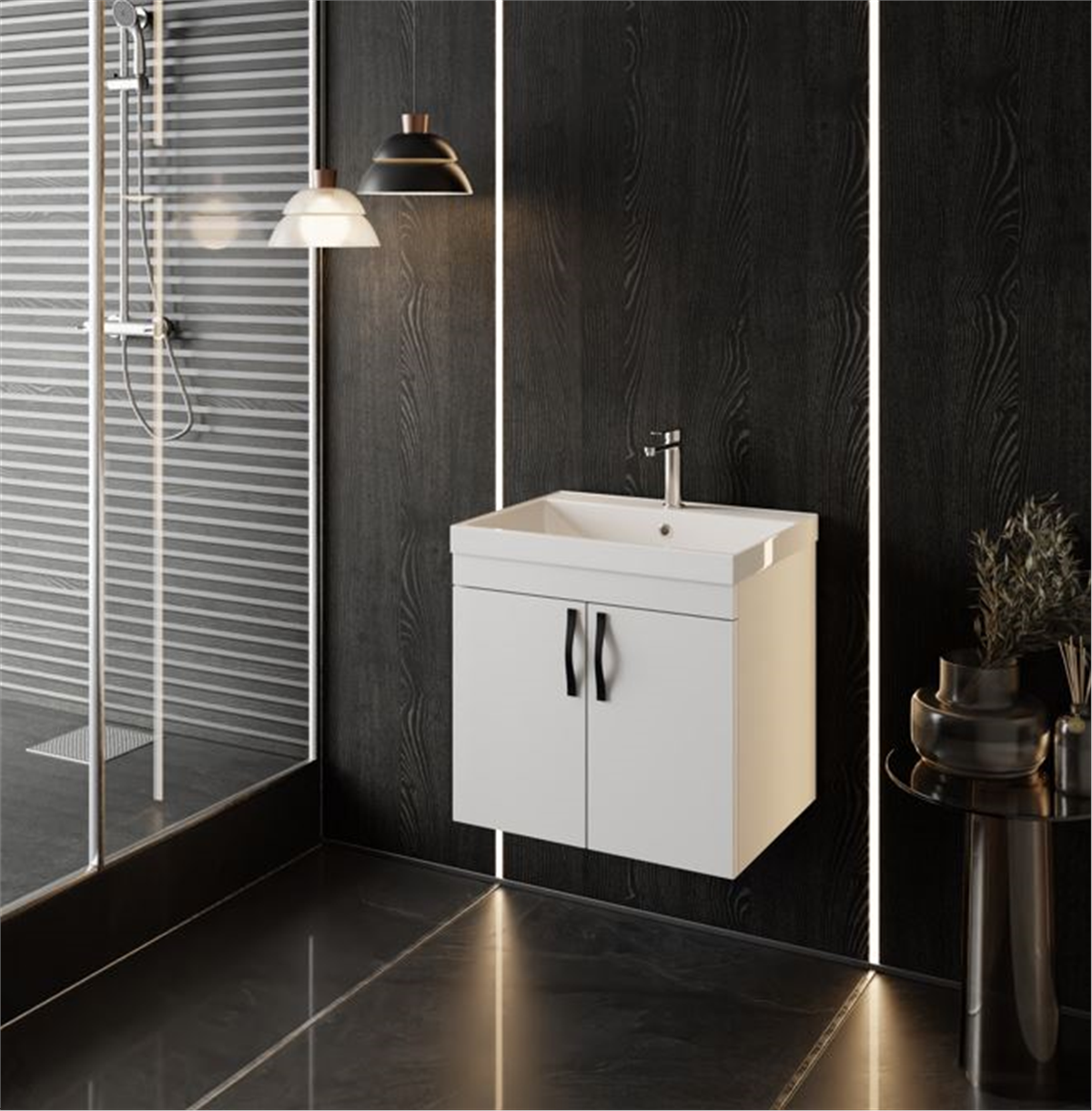 Ege 60 Cm, Lavabolu Alt Banyo Dolabı, Kapaklı Banyo Alt Dolabı, Seramik Lavabo Dahil