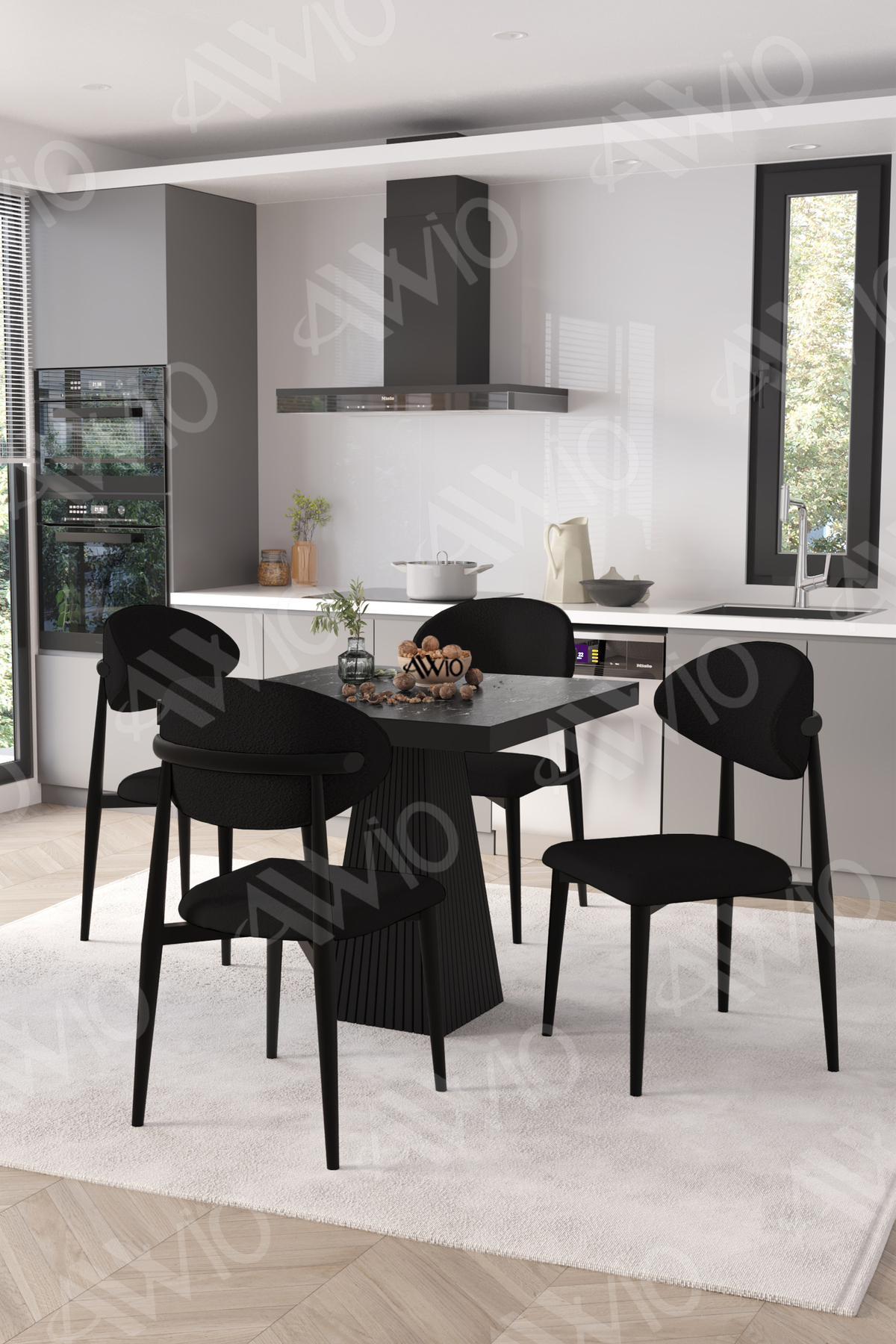 Elite Siyah Polo Metal Sandalye 90x90 Kare Yemek Masası Mutfak Masası Masa Sandalye Takımı Siyah Mermer