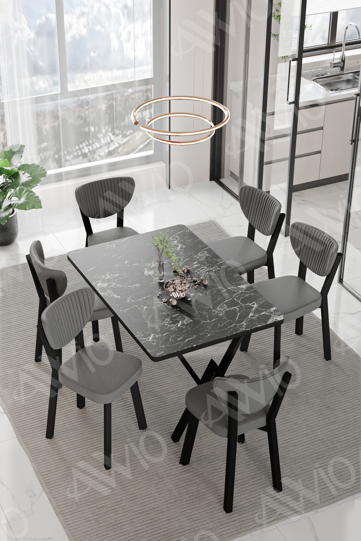Elma Sandalye 80x140 Yemek Masası Mutfak Masası 6 Kişilik Masa Sandalye Takım Siyah Mermer