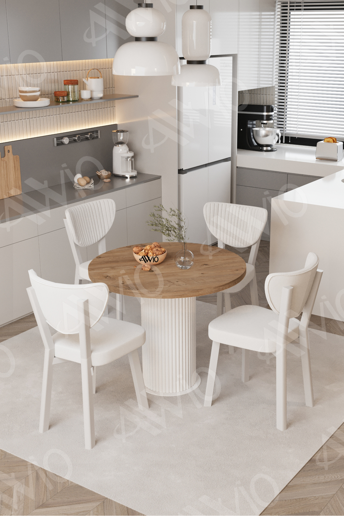 Elma Yuvarlak Ceviz Mutfak Masa 4 Adet Sandalyeli Takım 90x90 Cm Krem