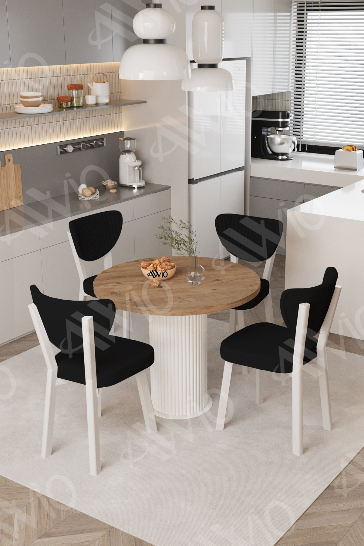 Elma Yuvarlak Ceviz Mutfak Masa 4 Adet Sandalyeli Takım 90x90 Cm Siyah