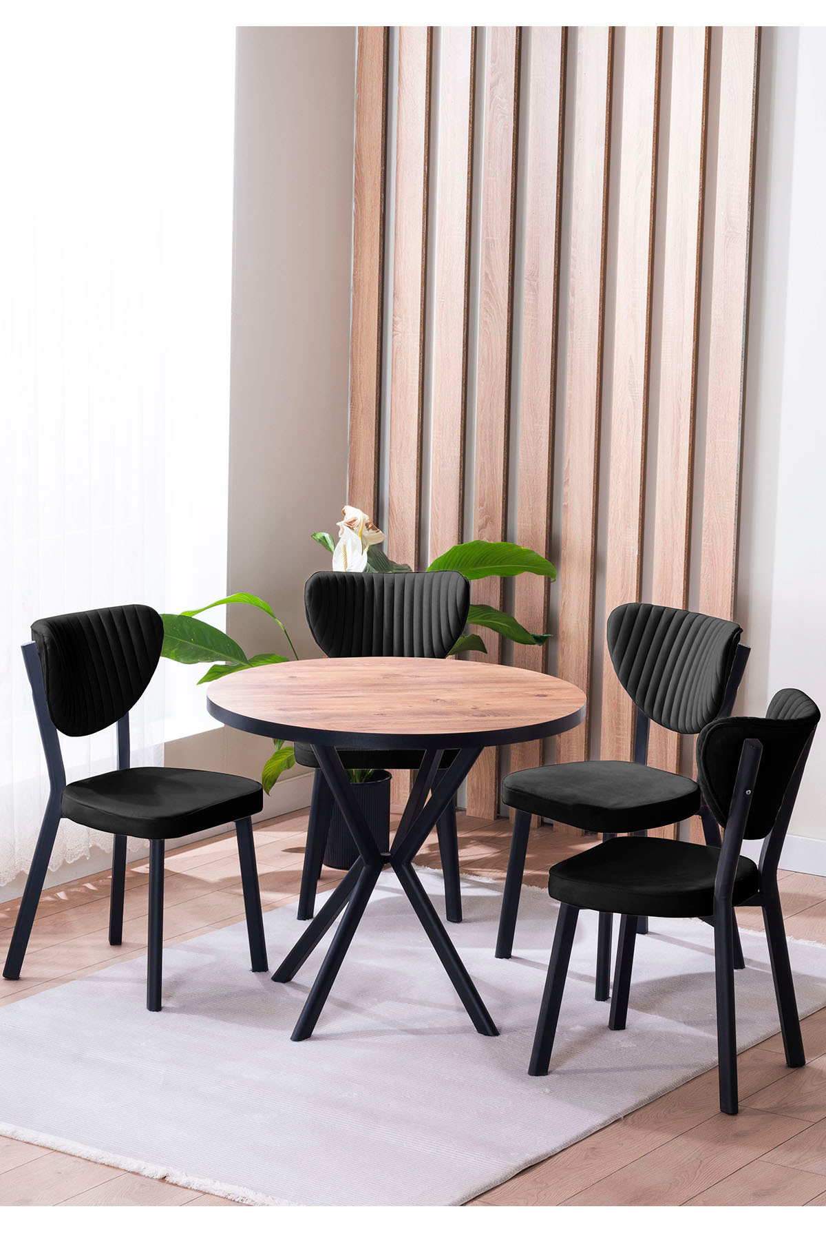 Elma Yuvarlak Ceviz Mutfak Masa Takımı 4 Sandalyeli Salon Yemek Masa Takımı 90x90 Cm Siyah