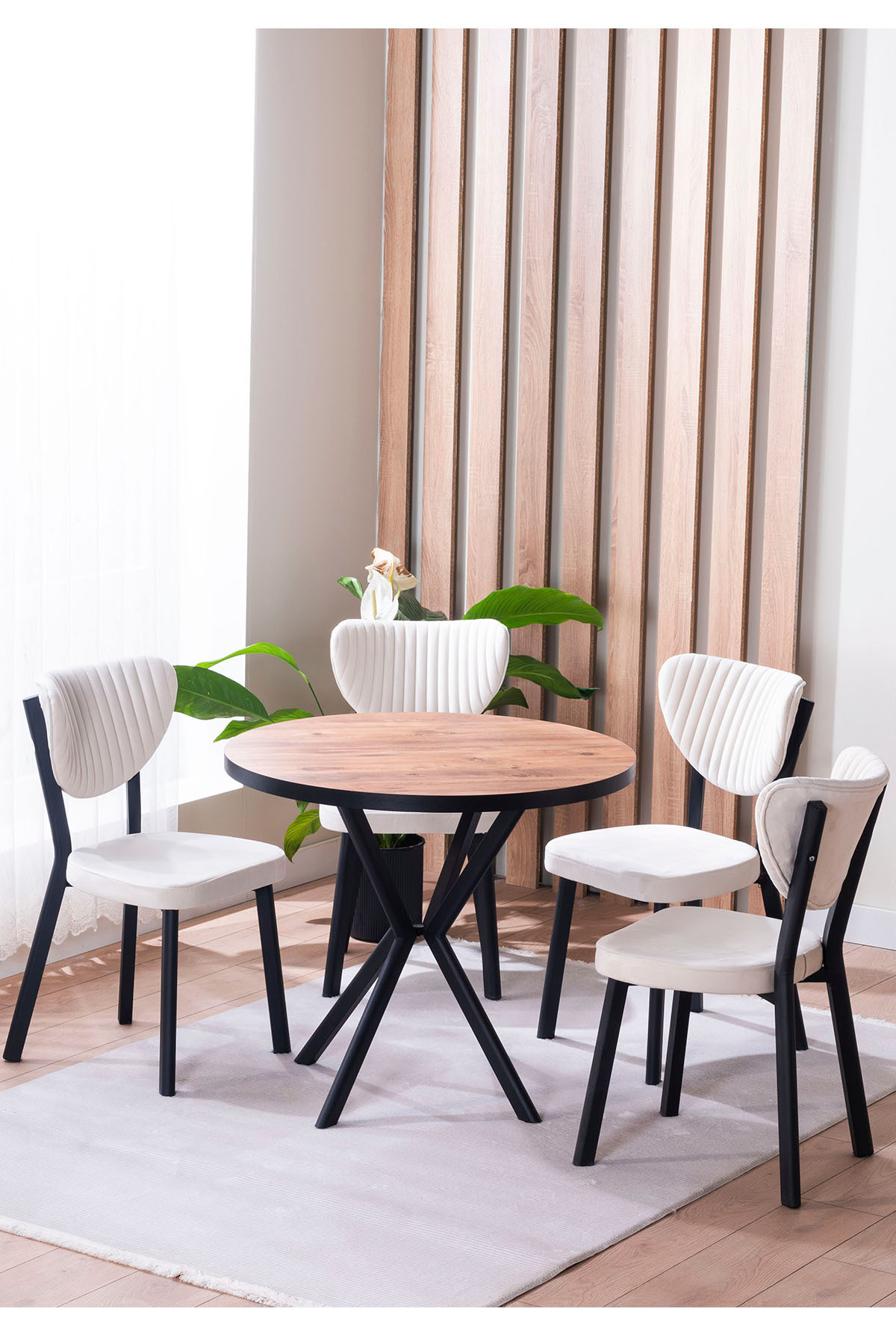 Elma Yuvarlak Ceviz Mutfak Masa Takımı 4 Sandalyeli Salon Yemek Masa Takımı 90x90 Cm Krem