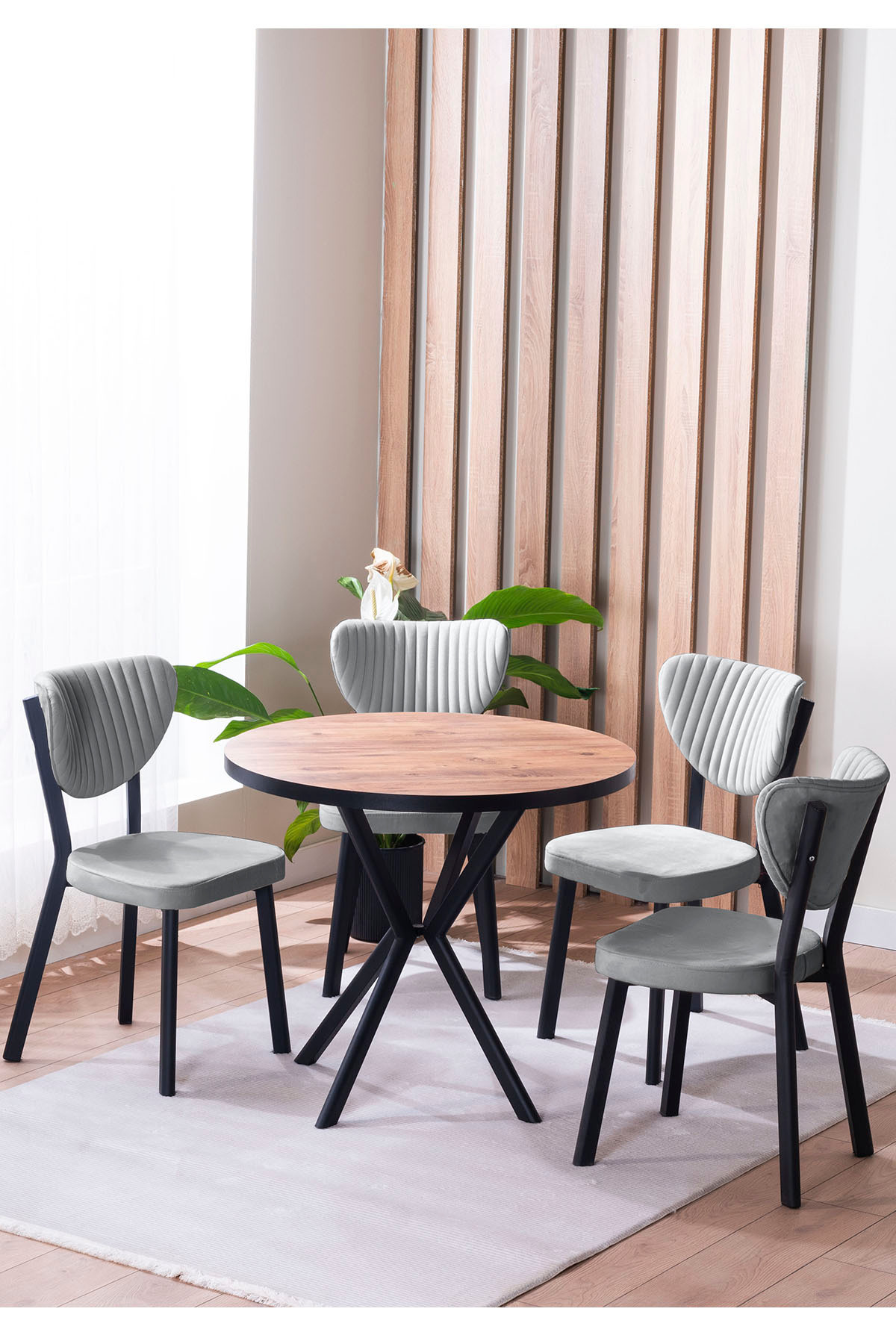 Elma Yuvarlak Ceviz Mutfak Masa Takımı 4 Sandalyeli Salon Yemek Masa Takımı 90x90 Cm Gri