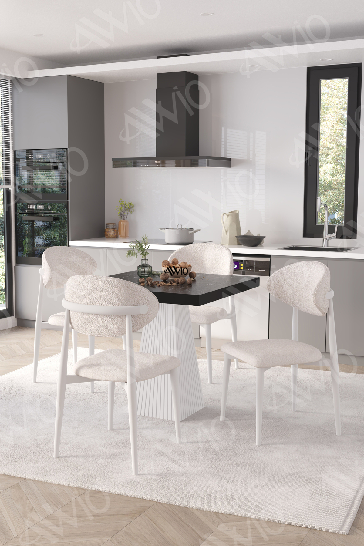 Essen Beyaz Polo Metal Sandalye 90x90 Kare Yemek Masası Mutfak Masası Masa Sandalye Takımı Siyah Mermer