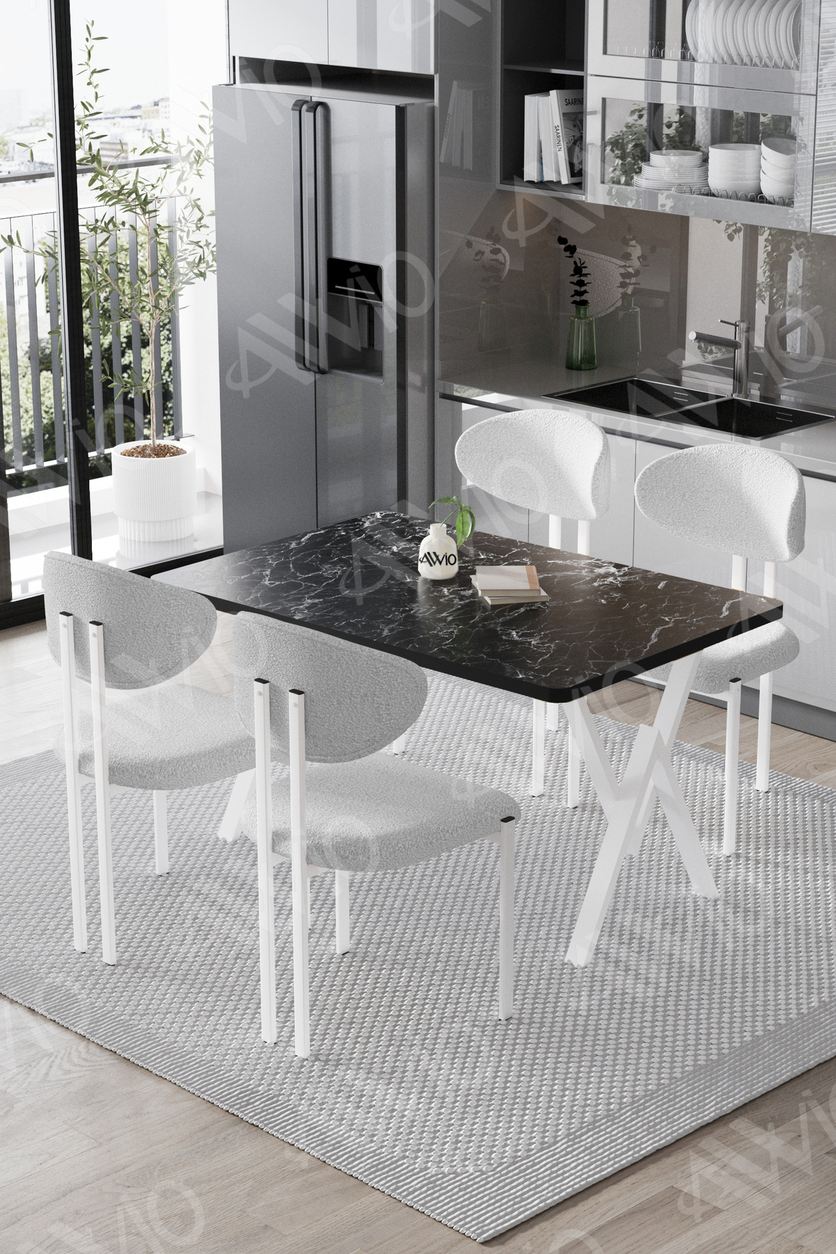 Fonte Lotus Sandalye 80x120 Yemek Masası Mutfak Masası 4 Kişilik Masa Sandalye Takımı Siyah Mermer Sandalye Beyaz