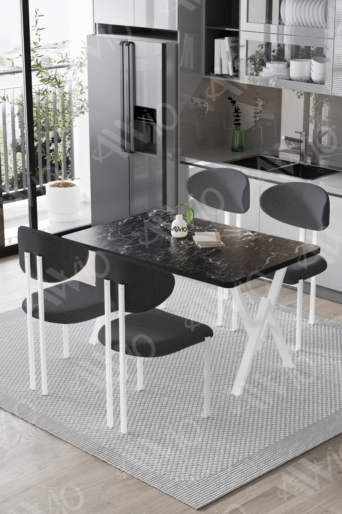 Fonte Lotus Sandalye 80x120 Yemek Masası Mutfak Masası 4 Kişilik Masa Sandalye Takımı Siyah Mermer Sandalye Antrasit Gri