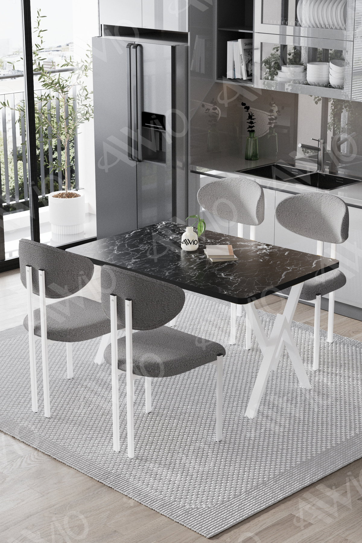 Fonte Lotus Sandalye 80x120 Yemek Masası Mutfak Masası 4 Kişilik Masa Sandalye Takımı Siyah Mermer Sandalye Gri
