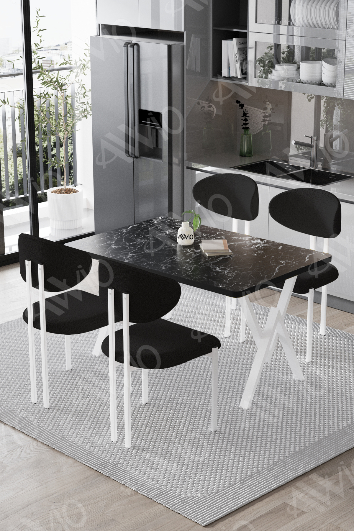 Fonte Lotus Sandalye 80x120 Yemek Masası Mutfak Masası 4 Kişilik Masa Sandalye Takımı Siyah Mermer Sandalye Siyah