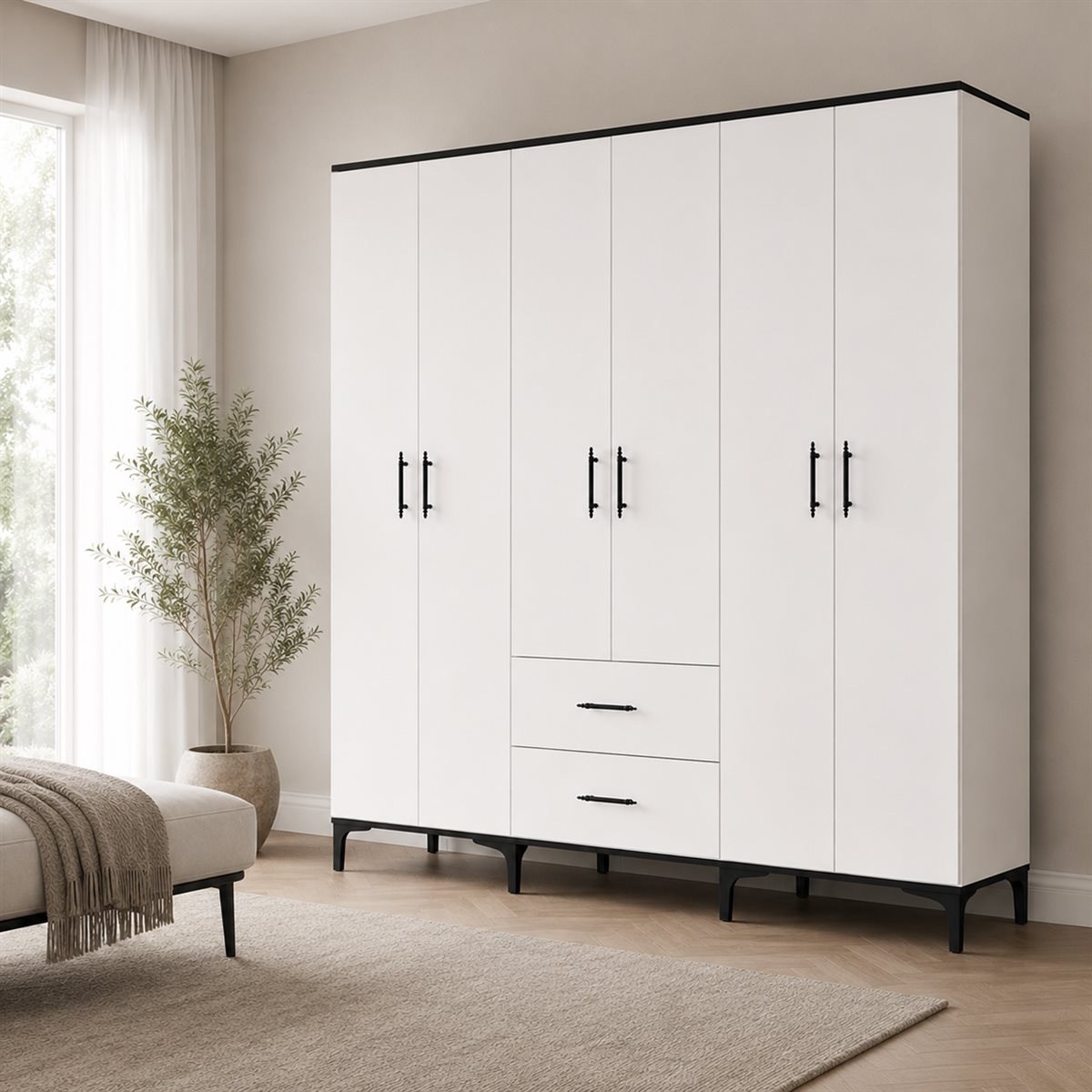 Garaj Home 6 Kapaklı 2 Çekmeceli Dolap - Beyaz