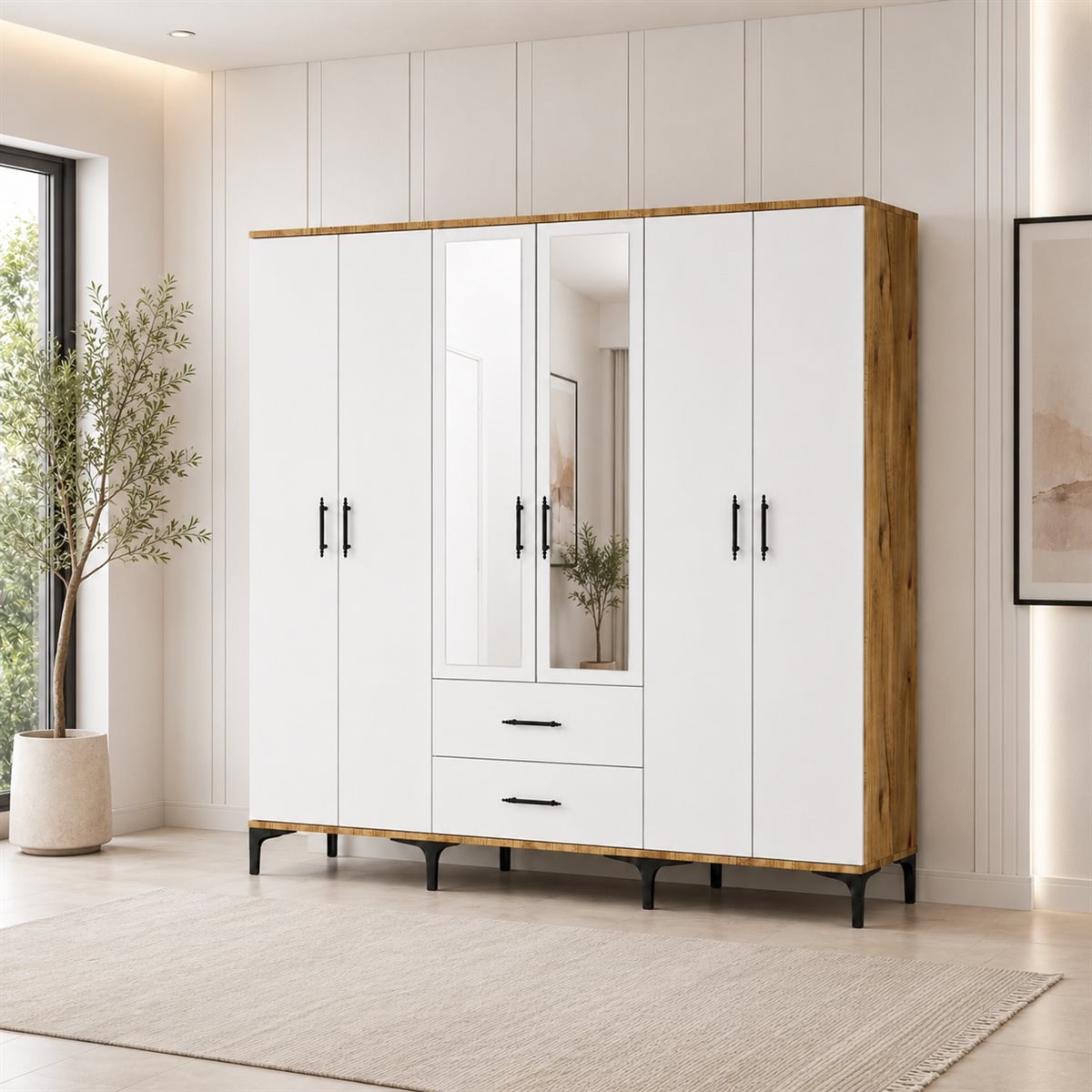 Garaj Home Doğa 6 Kapaklı 2 Çekmeceli Aynalı Dolap - Atlas Çam