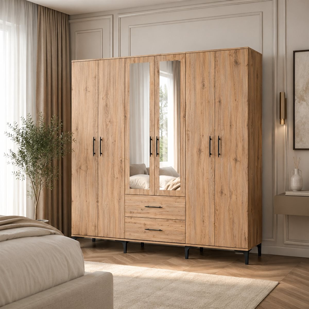 Garaj Home Doğa 6 Kapaklı 2 Çekmeceli Aynalı Dolap - Atlas Çam