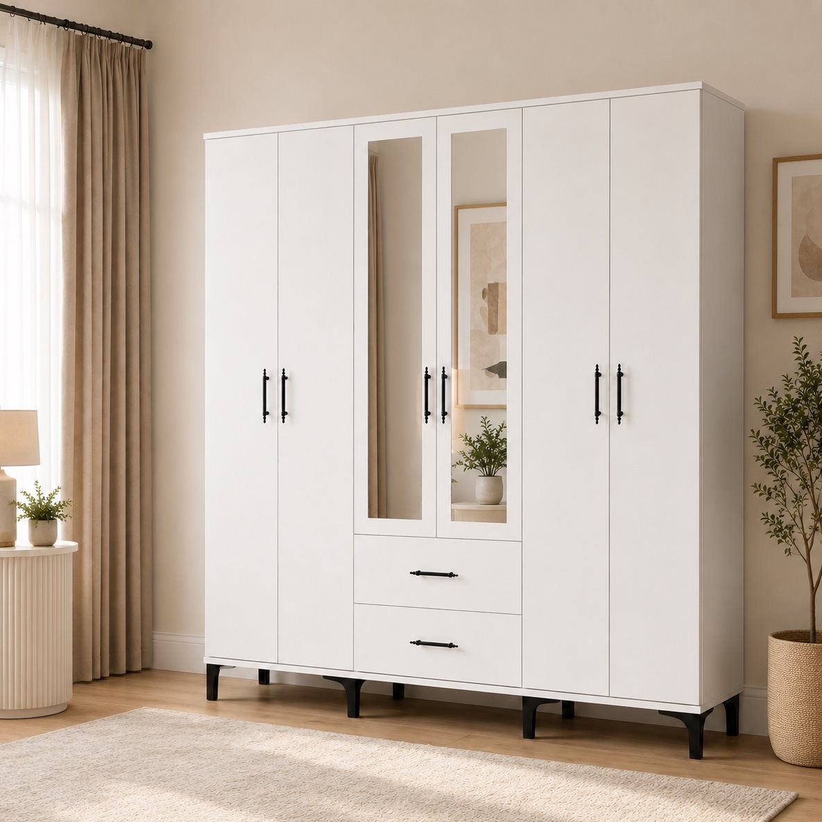 Garaj Home Doğa 6 Kapaklı 2 Çekmeceli Aynalı Dolap - Beyaz